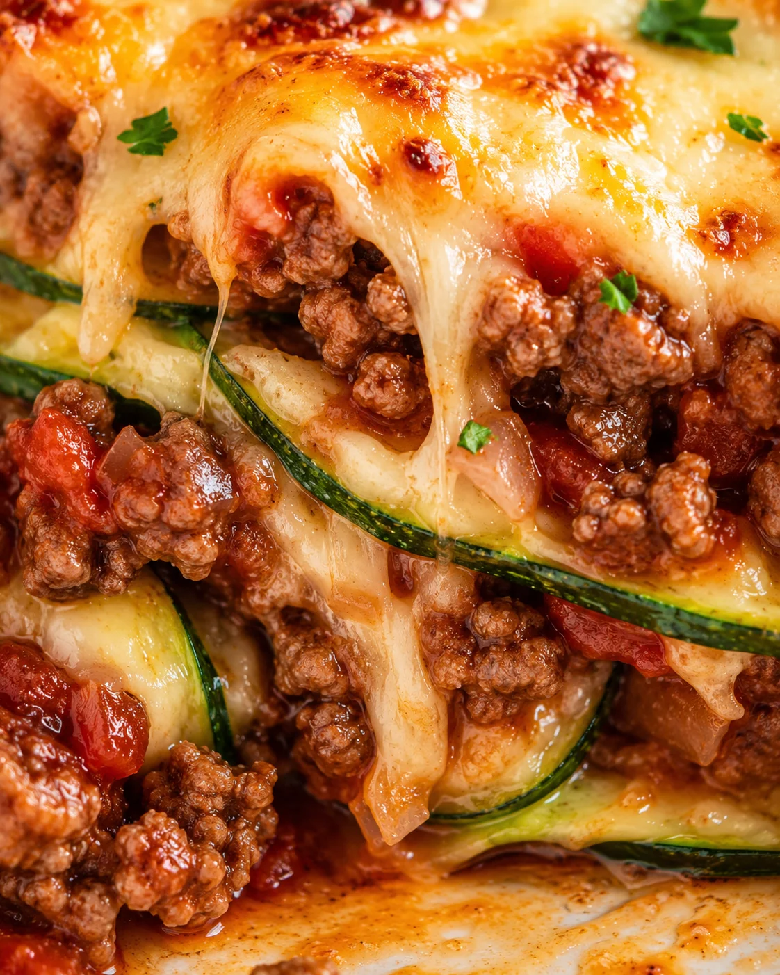 Close-up of cheesy zucchini and ground beef layered in a casserole dish.