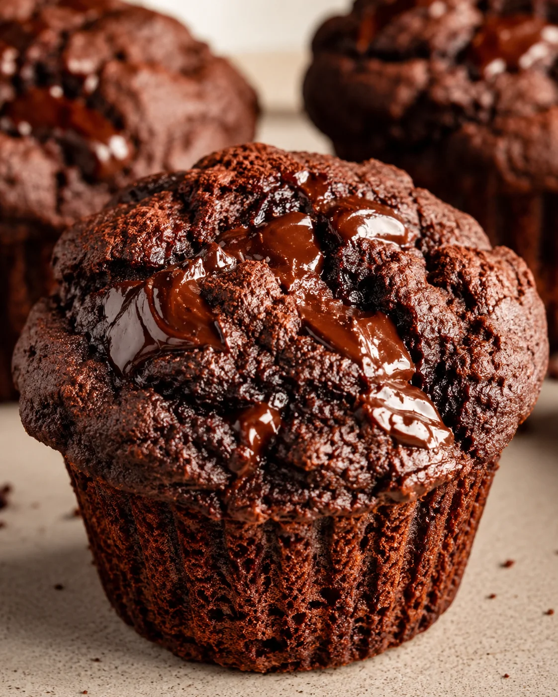 Bakery style double chocolate zucchini muffins with melted chocolate topping