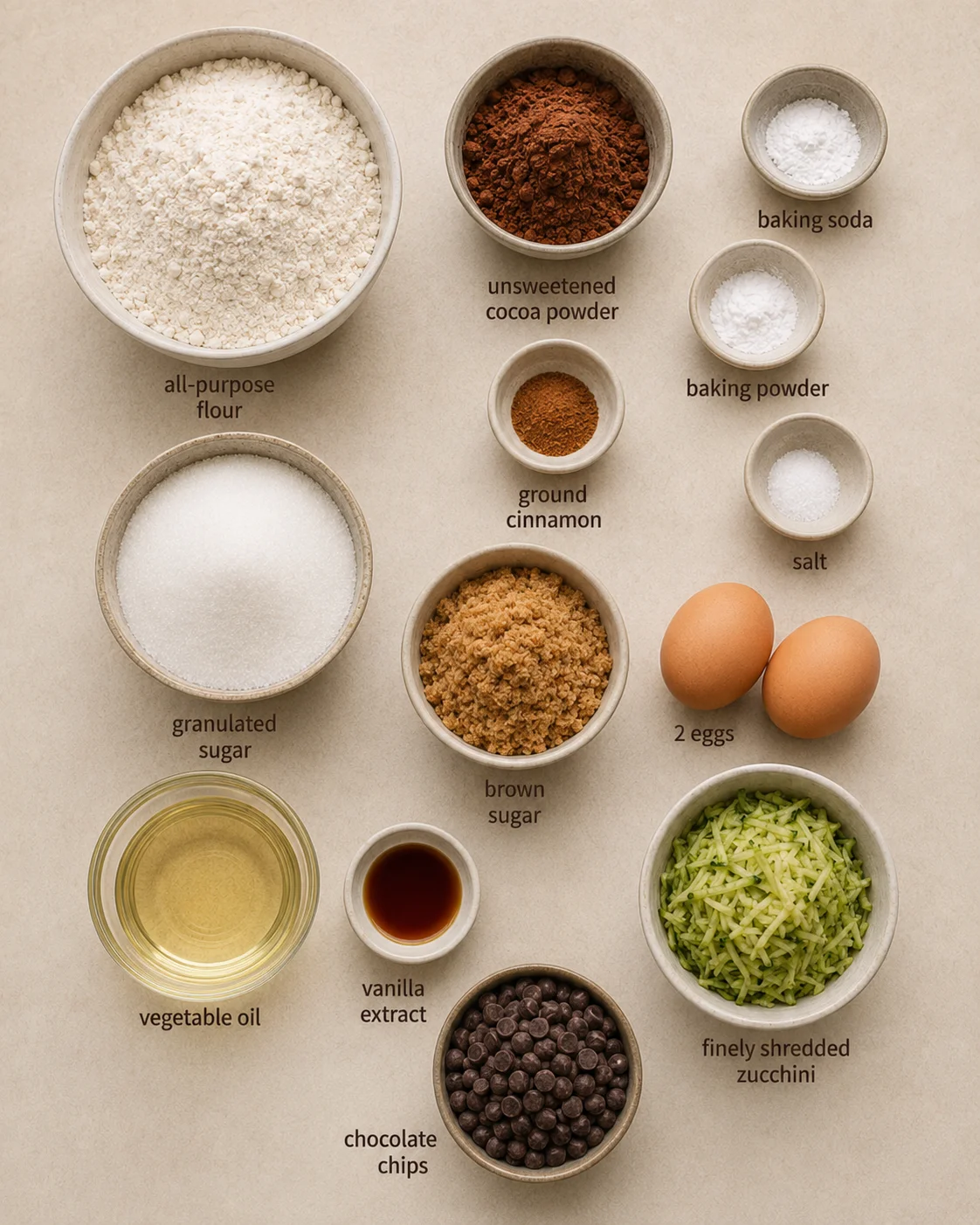 Assorted ingredients for chocolate zucchini muffins arranged on a beige surface.