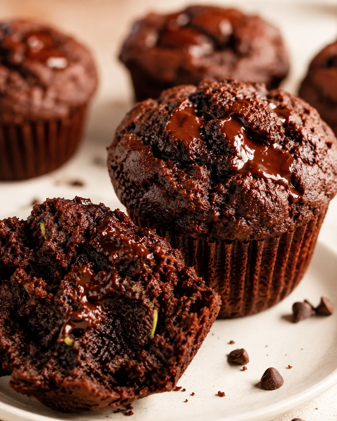 Close-up of moist, chocolate zucchini muffins topped with melted chocolate.