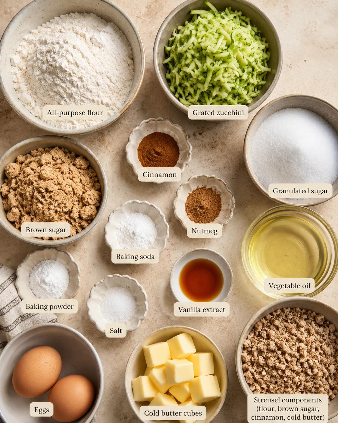 Ingredients for easy and delicious zucchini bread with cinnamon streusel topping arranged on a countertop.