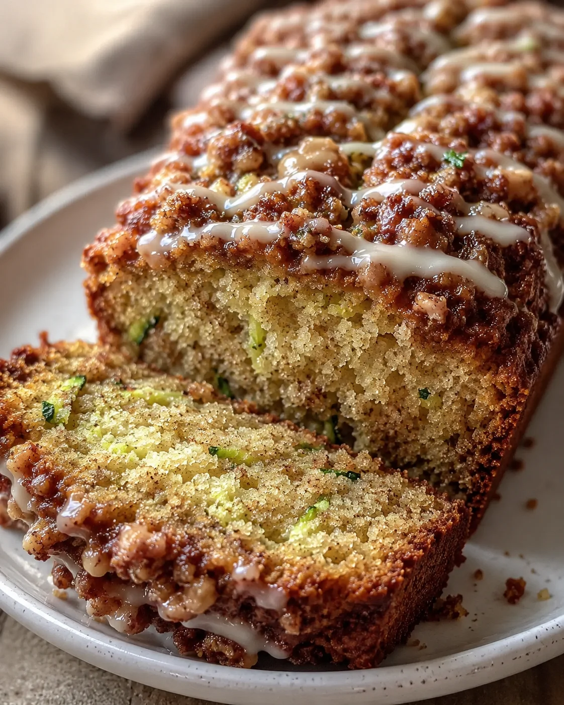 A moist zucchini bread topped with crunchy cinnamon streusel and drizzled icing.