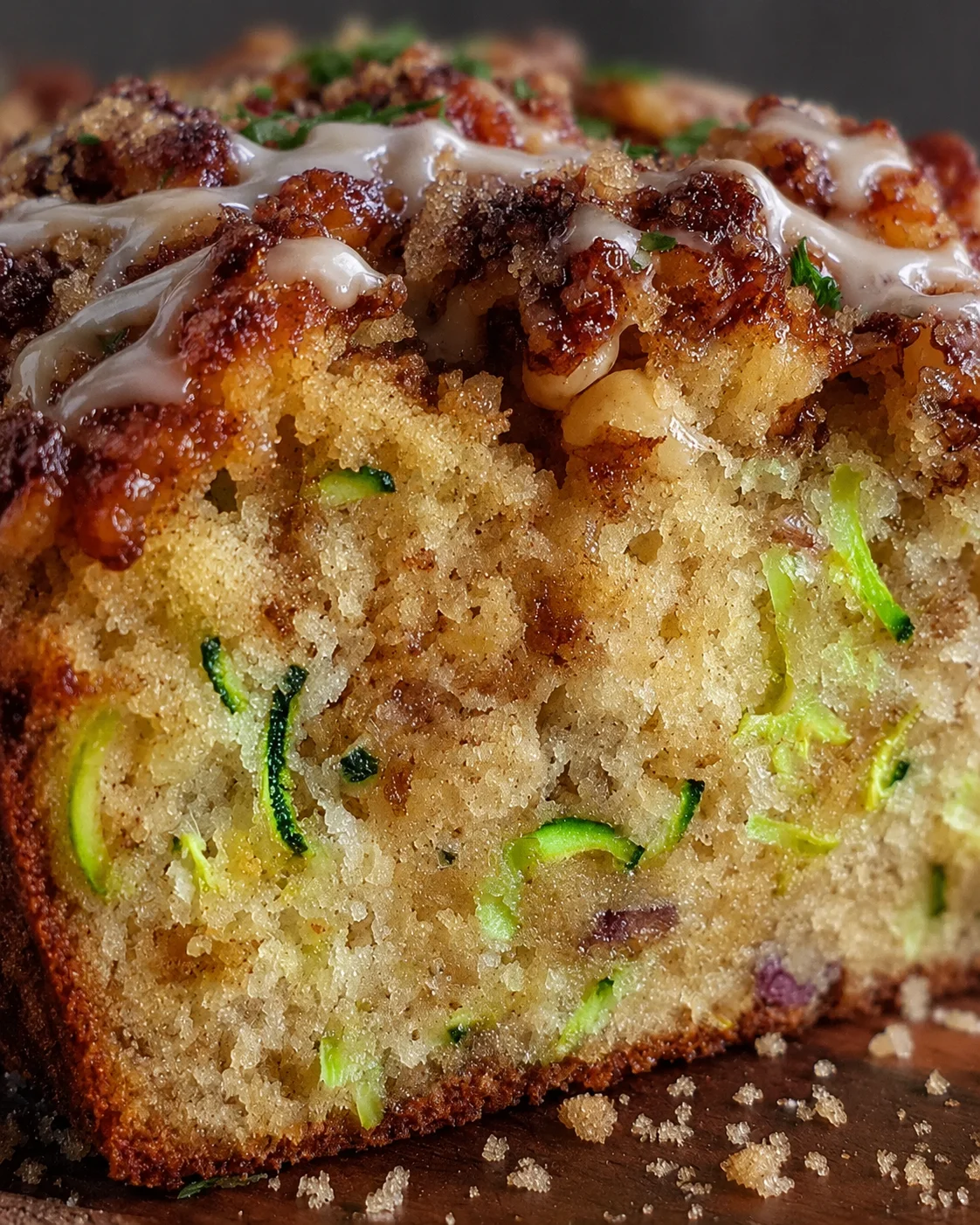 Close-up of moist zucchini bread topped with crunchy cinnamon streusel and icing.