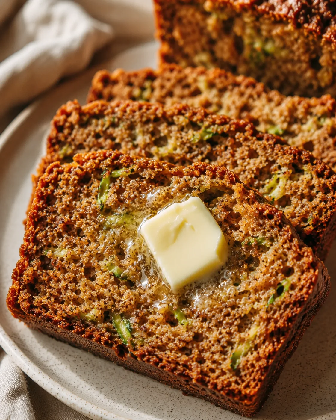 Gluten-Free Zucchini Bread Close-up of sliced gluten-free zucchini bread with a pat of butter on top.