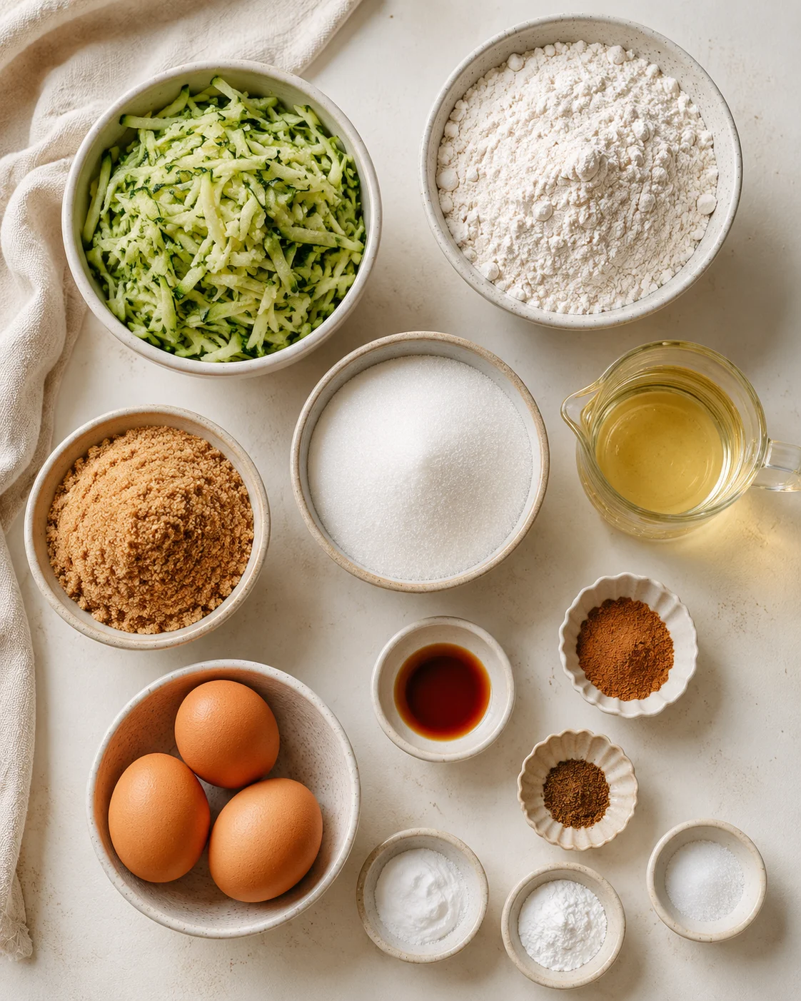 Gluten-Free Zucchini Bread Ingredients Bowls of shredded zucchini, flour, sugar, eggs, and spices for zucchini bread.