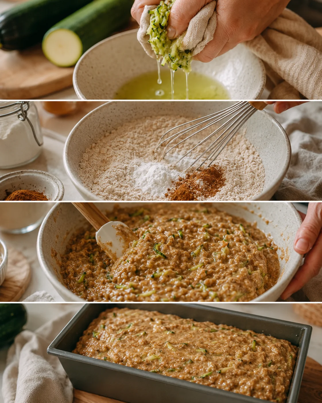 Preparing Delicious Gluten-Free Zucchini Bread Hands squeezing moisture from zucchini over a mixing bowl for bread