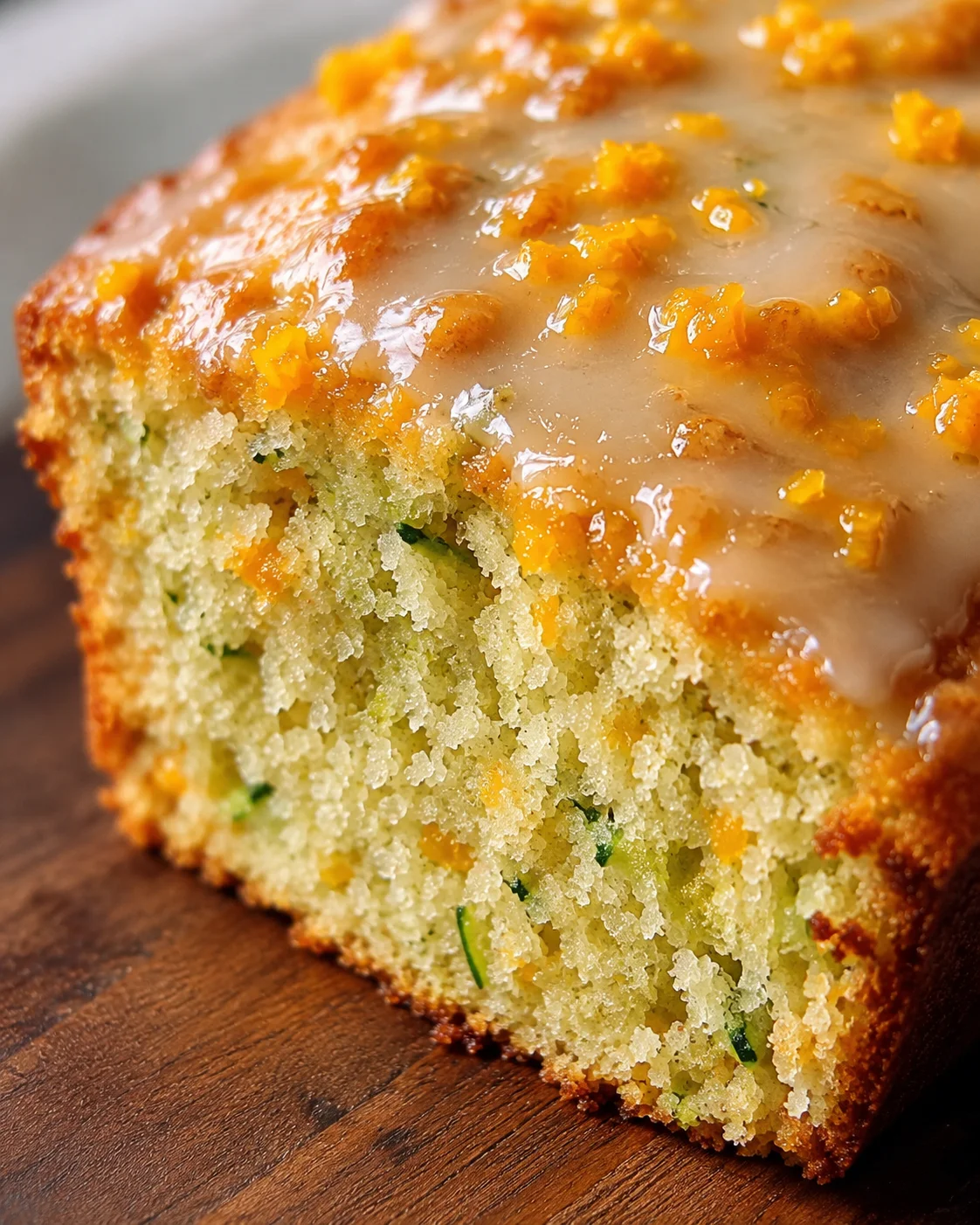 Close-up of a slice of moist zucchini orange bread with glazed top and citrus zest