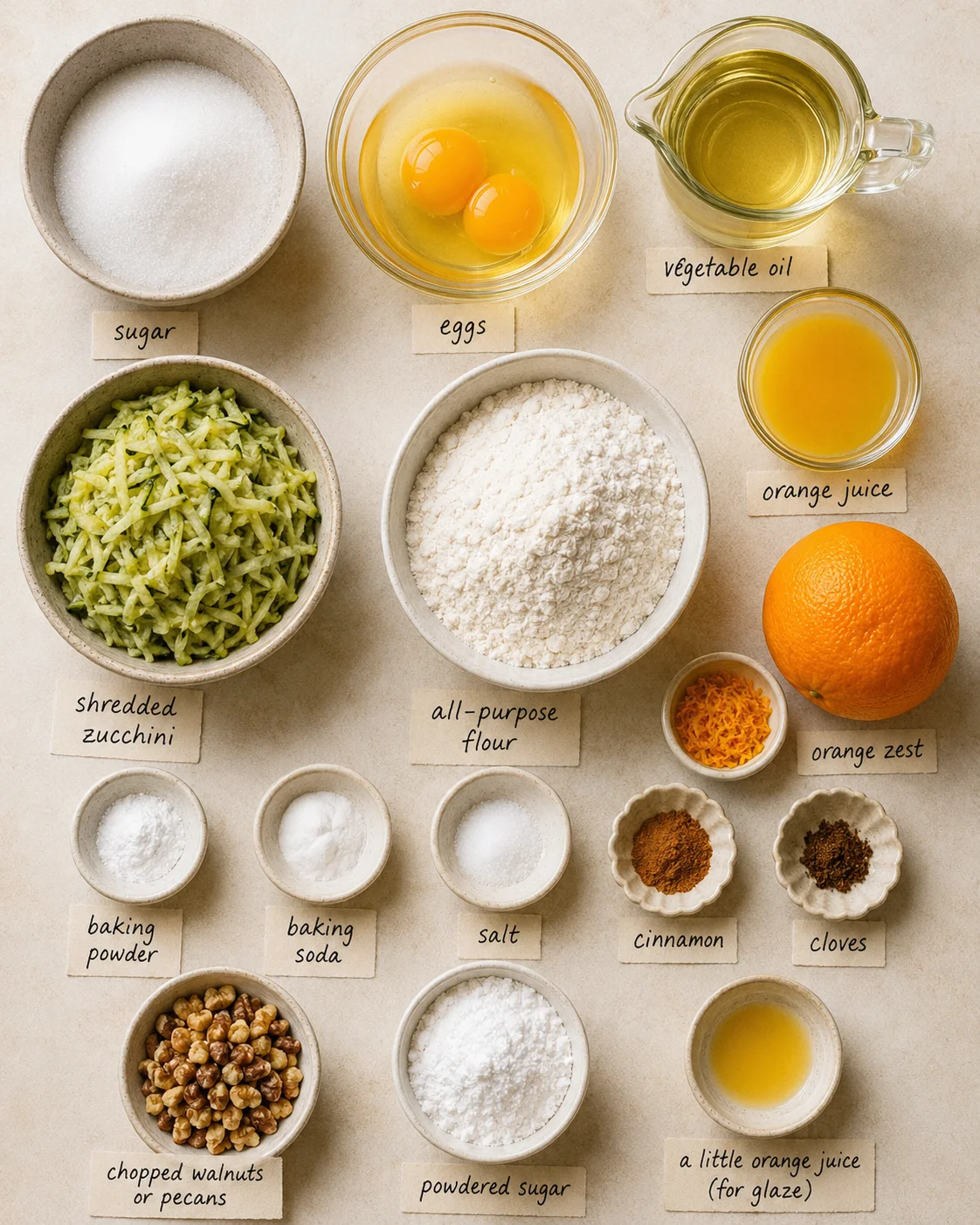 Ingredients for moist orange zucchini bread including eggs, flour, and fresh zest.