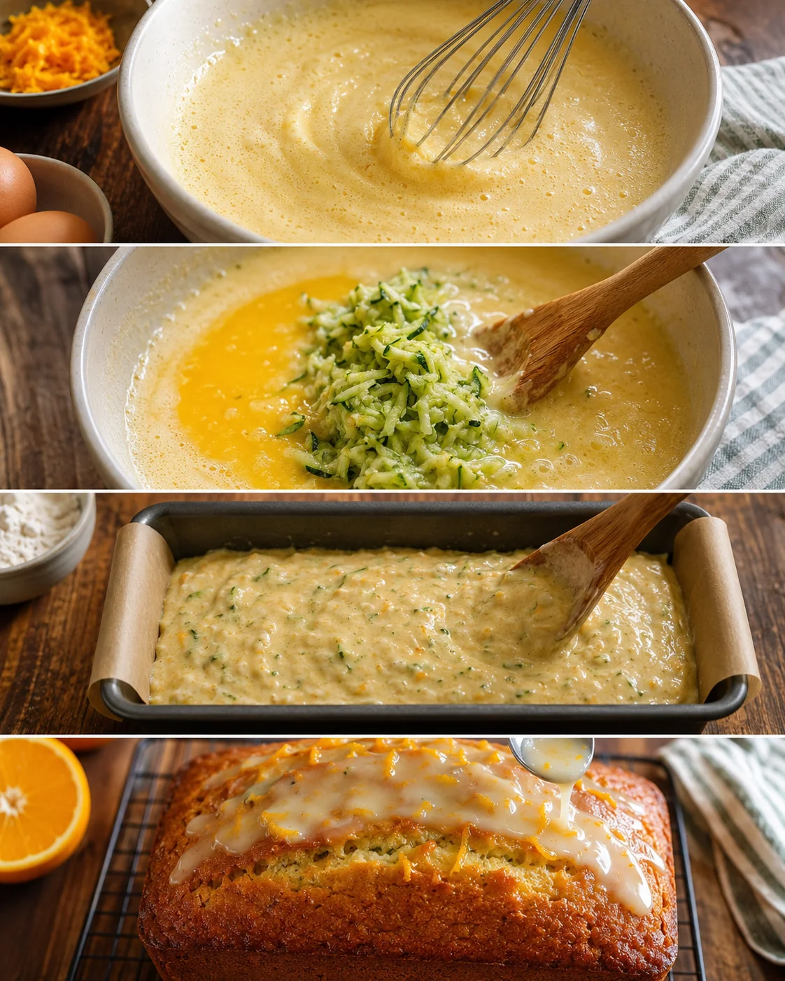 Step-by-step process of mixing eggs, zucchini, and batter for orange zucchini bread.