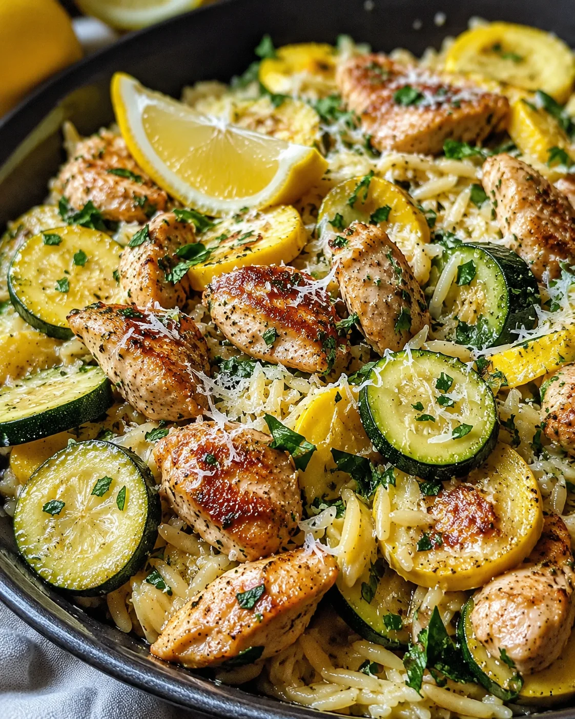 Healthy Chicken with Zucchini and Squash Colorful plate of cooked chicken, zucchini, and squash with lemon wedges and herbs