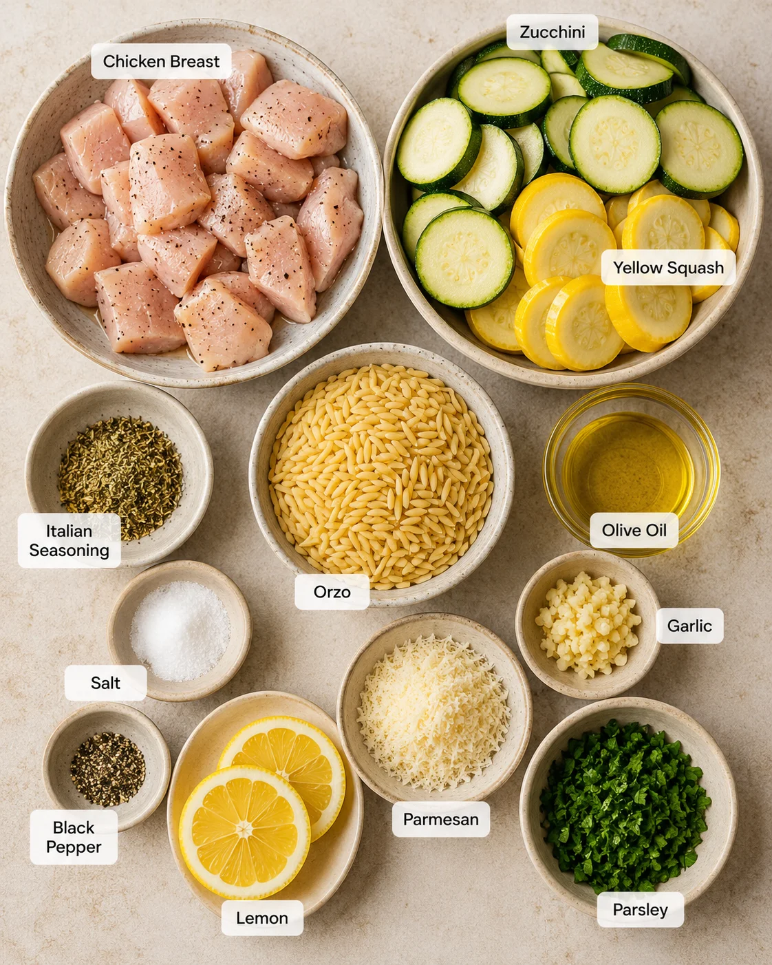 Healthy Chicken with Zucchini and Squash Freshly prepared chicken breast with zucchini and yellow squash slices in bowls