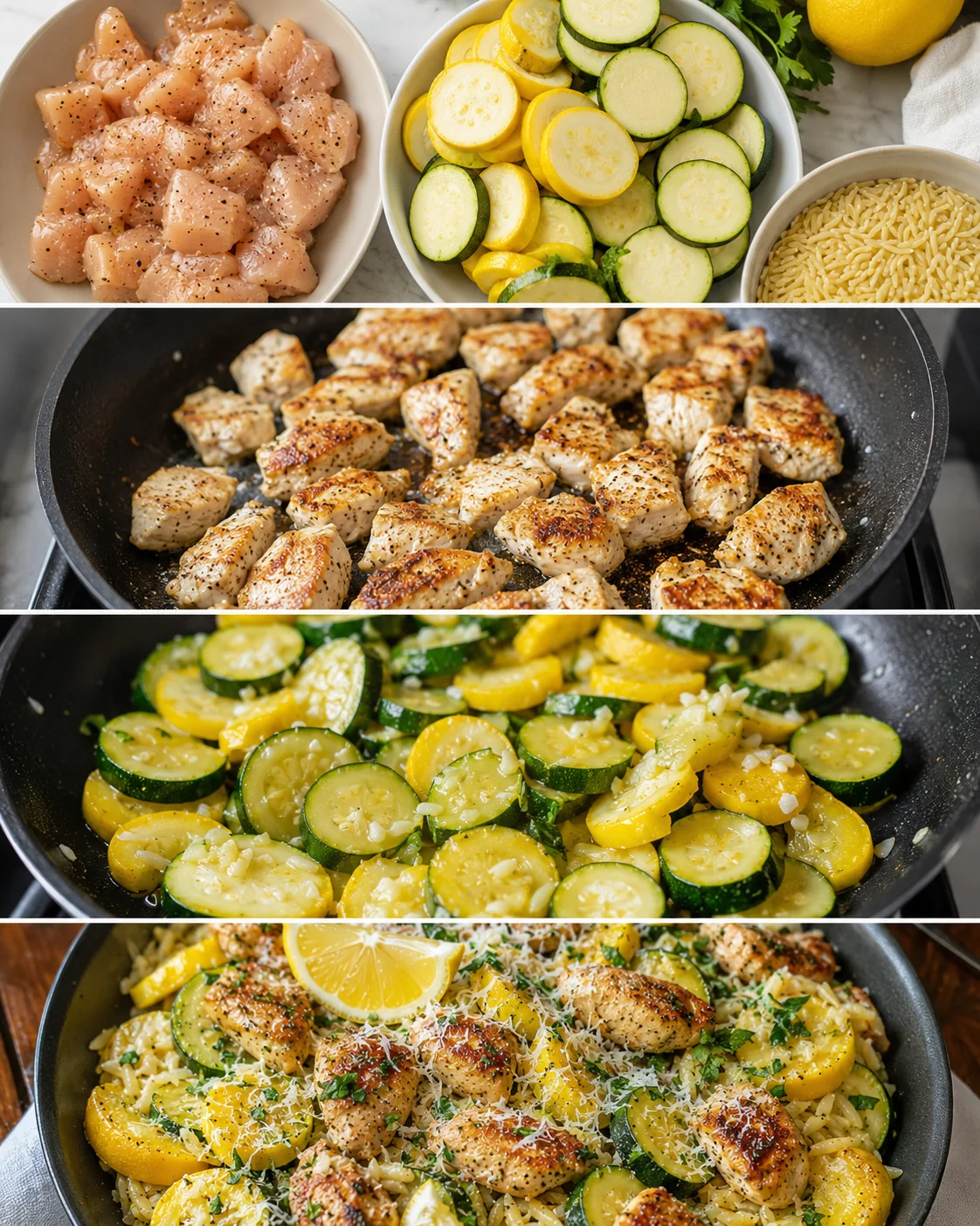 Healthy Chicken Zucchini and Squash Skillet A colorful skillet with grilled chicken, sliced zucchini and squash, topped with grated cheese and lemon