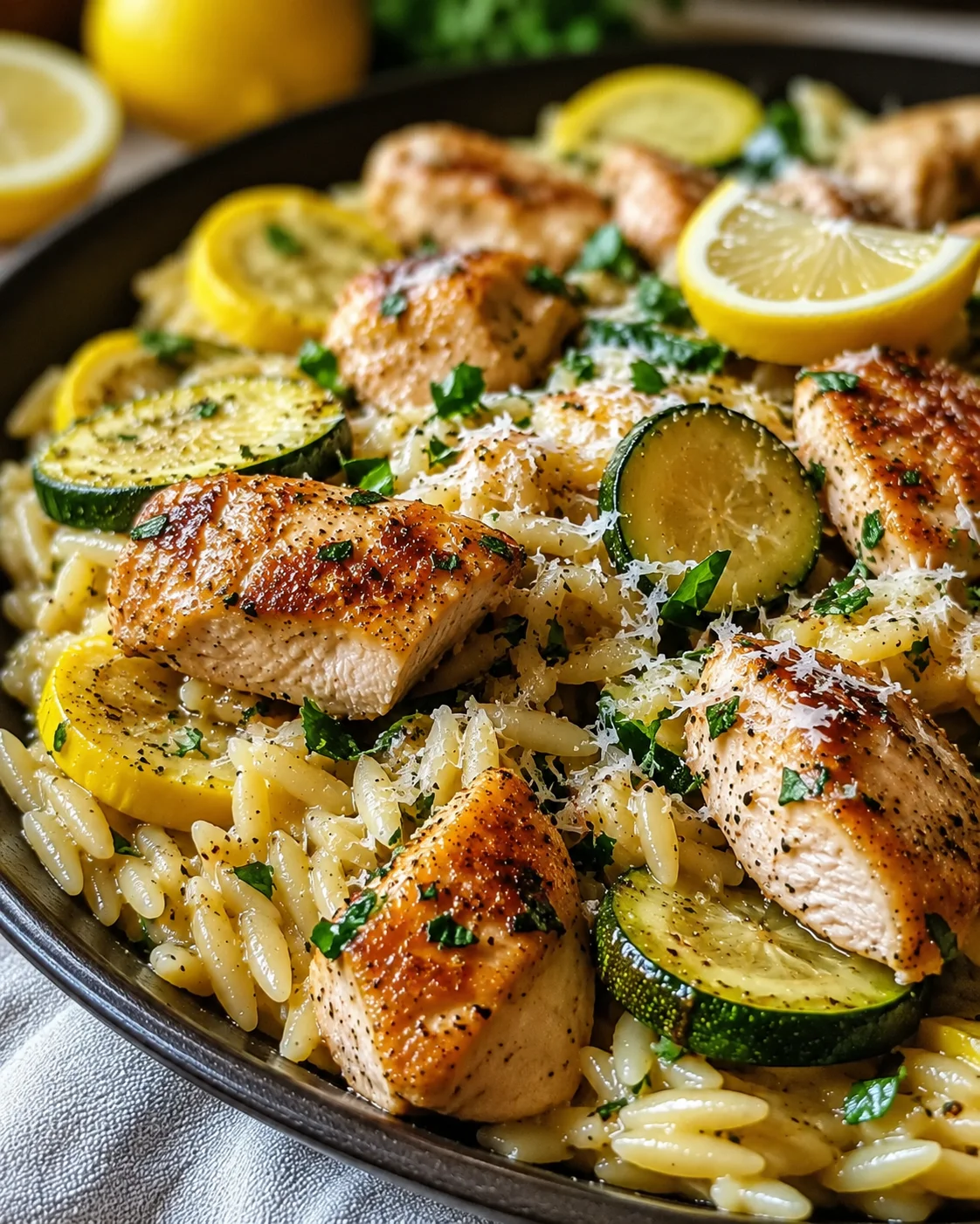 Healthy Chicken Zucchini Squash Recipe Juicy chicken breast with zucchini, squash, and lemon on a flavorful pasta bed.