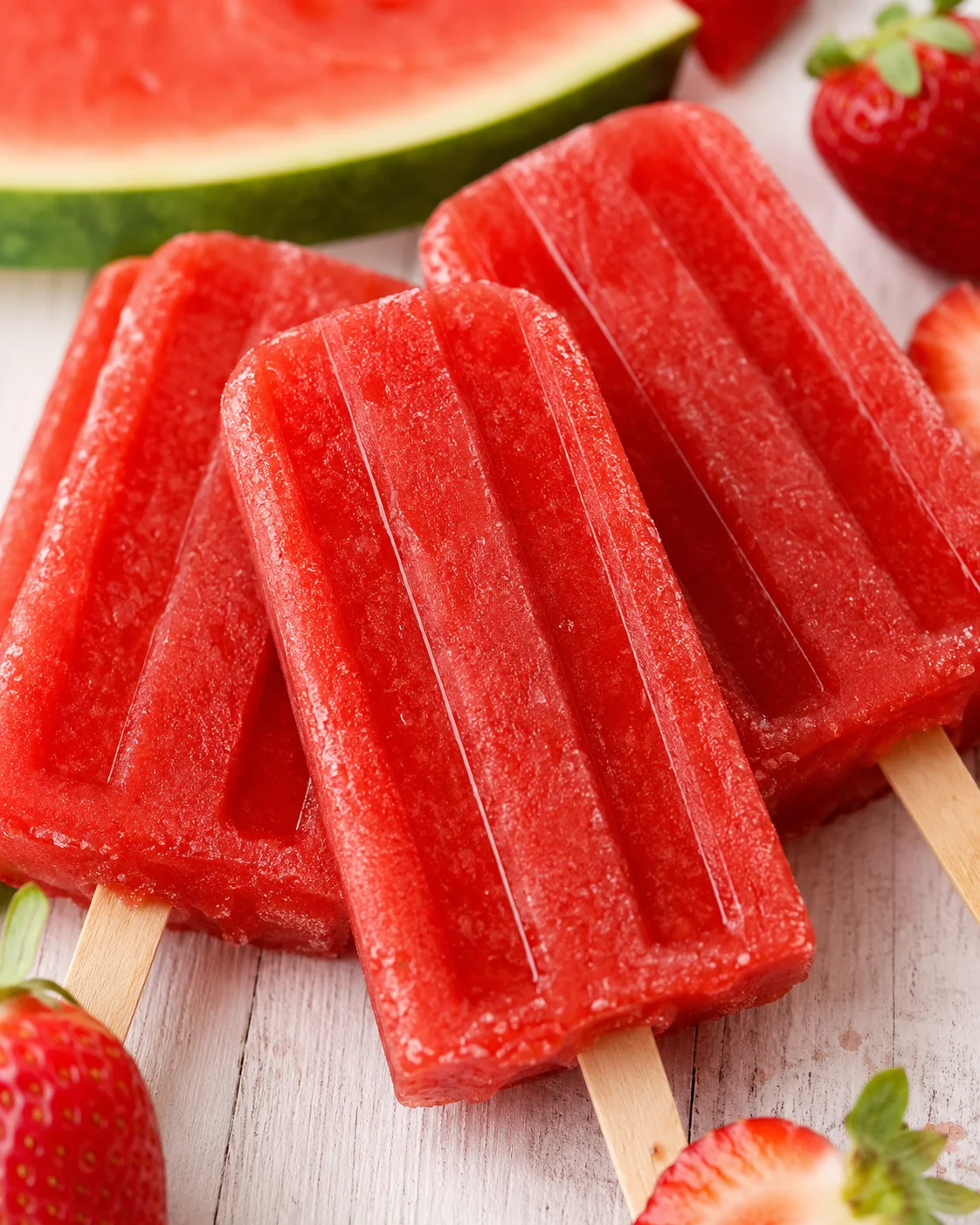 Refreshing Strawberry Watermelon Popsicles Juicy and vibrant homemade watermelon strawberry popsicles on sticks, surrounded by fresh fruit.
