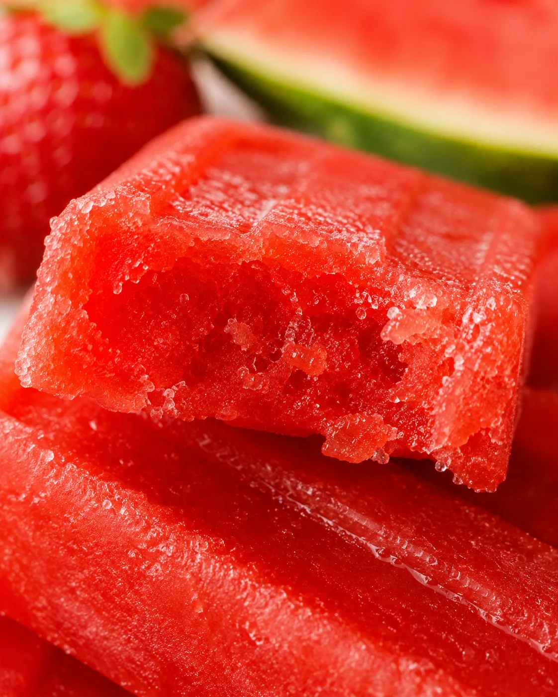 Fresh Strawberry Watermelon Popsicles Close-up of icy, refreshing strawberry watermelon popsicles with fresh fruit in the background.