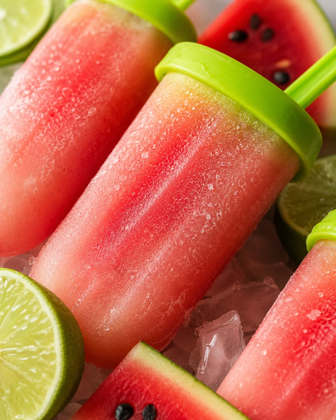 Watermelon Lime Popsicles Close-up of colorful homemade watermelon lime popsicles with fresh fruit slices.