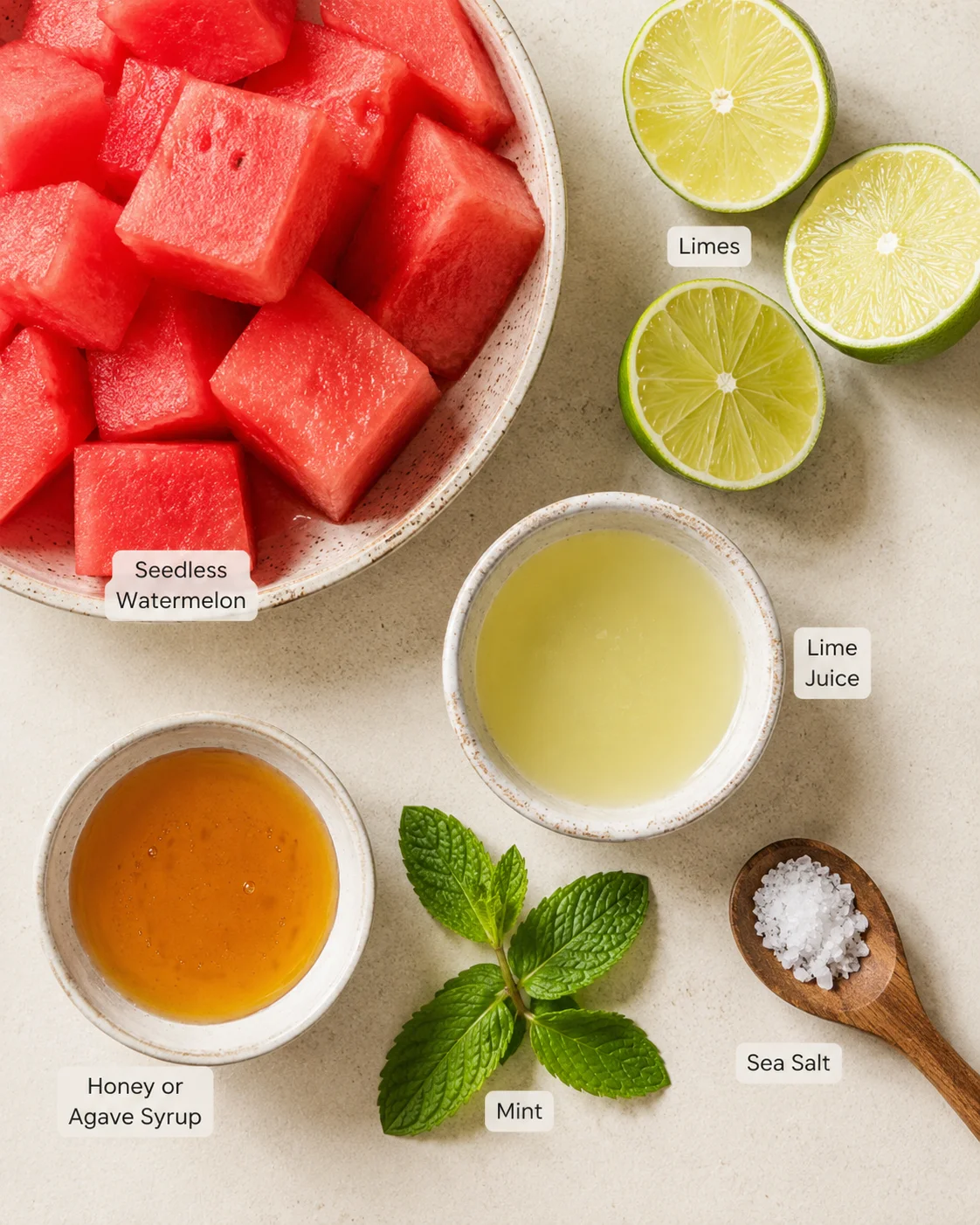 Watermelon Lime Popsicles Fresh watermelon chunks with lime halves, mint, honey, sea salt, and lime juice.