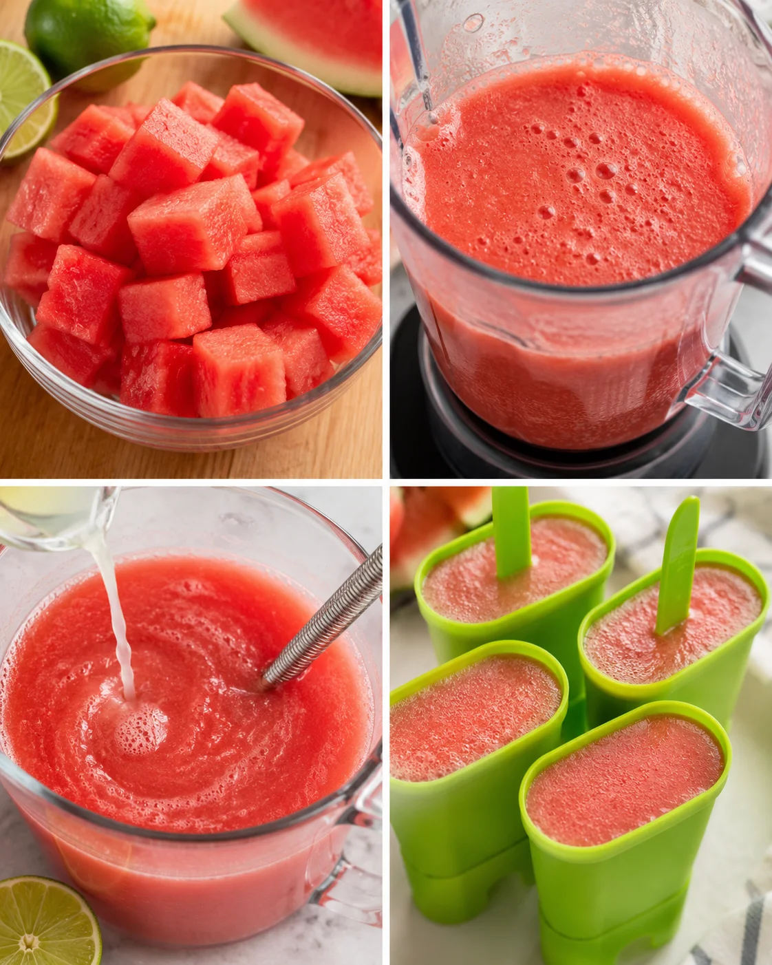 Watermelon Lime Popsicles Refreshing homemade watermelon lime popsicles on a hot summer day.