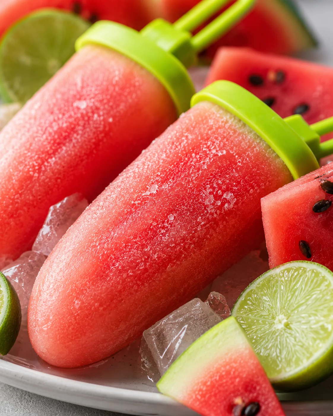 Watermelon Lime Popsicles Close-up of refreshing watermelon lime popsicles on a white plate