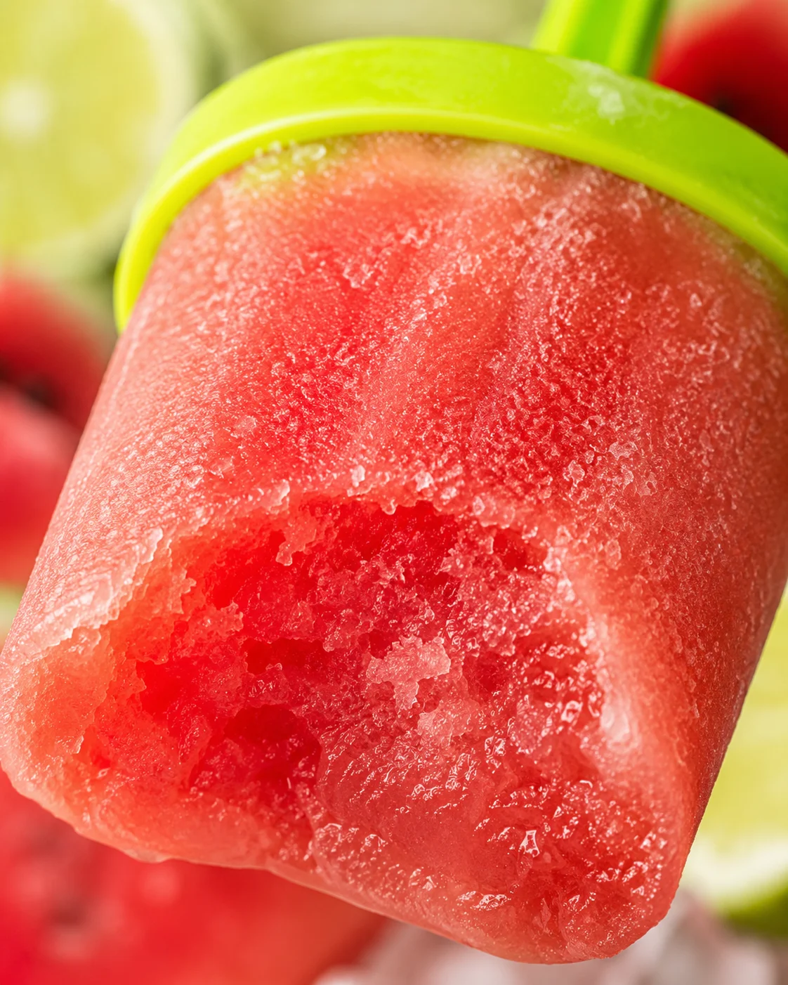 Watermelon Lime Popsicles for Summer Close-up of icy watermelon lime popsicle with vibrant red and green colors