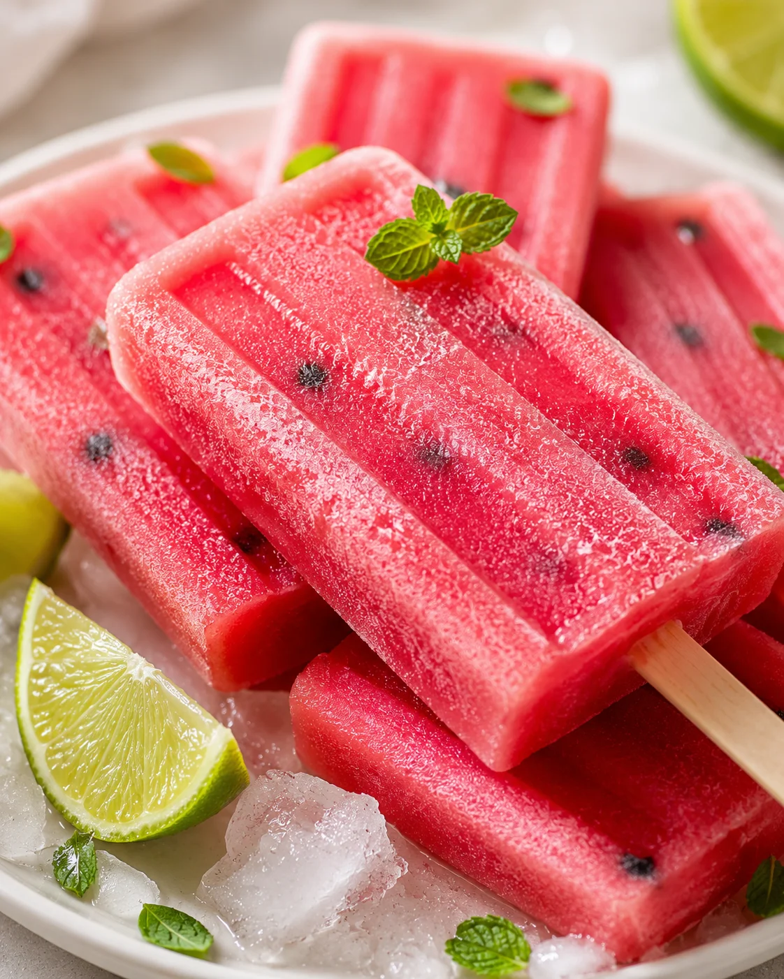 Refreshing homemade watermelon popsicles with lime and mint garnished with fresh lime slices.