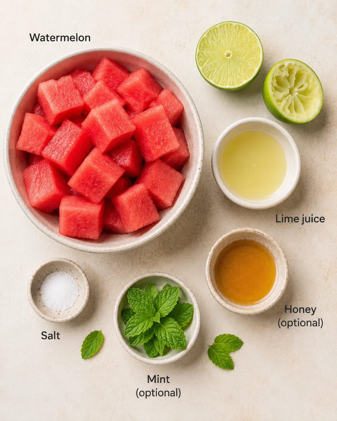 Colorful ingredients for homemade watermelon popsicles with lime, mint, and watermelon cubes.