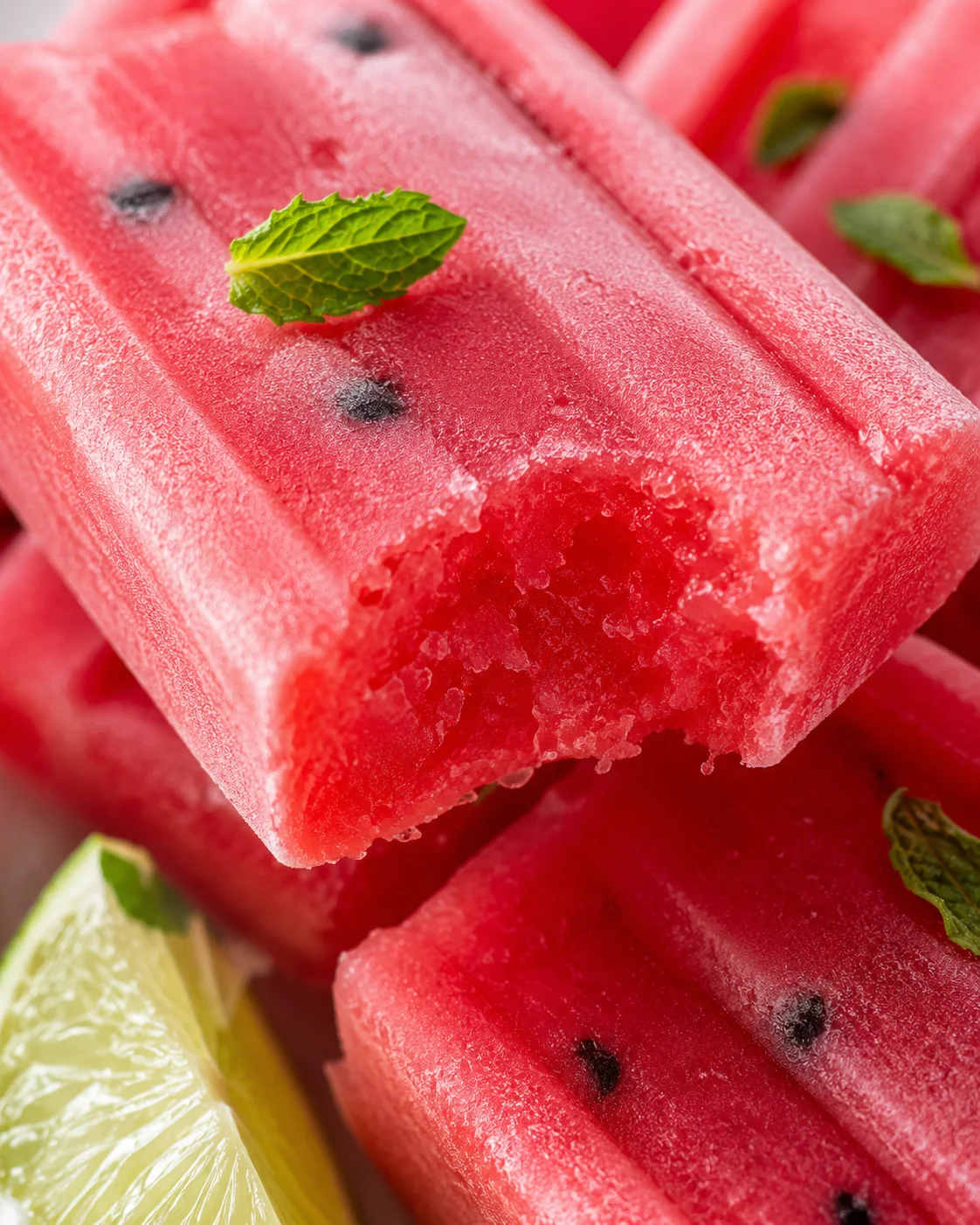 Close-up of vibrant pink watermelon popsicles garnished with mint leaves.