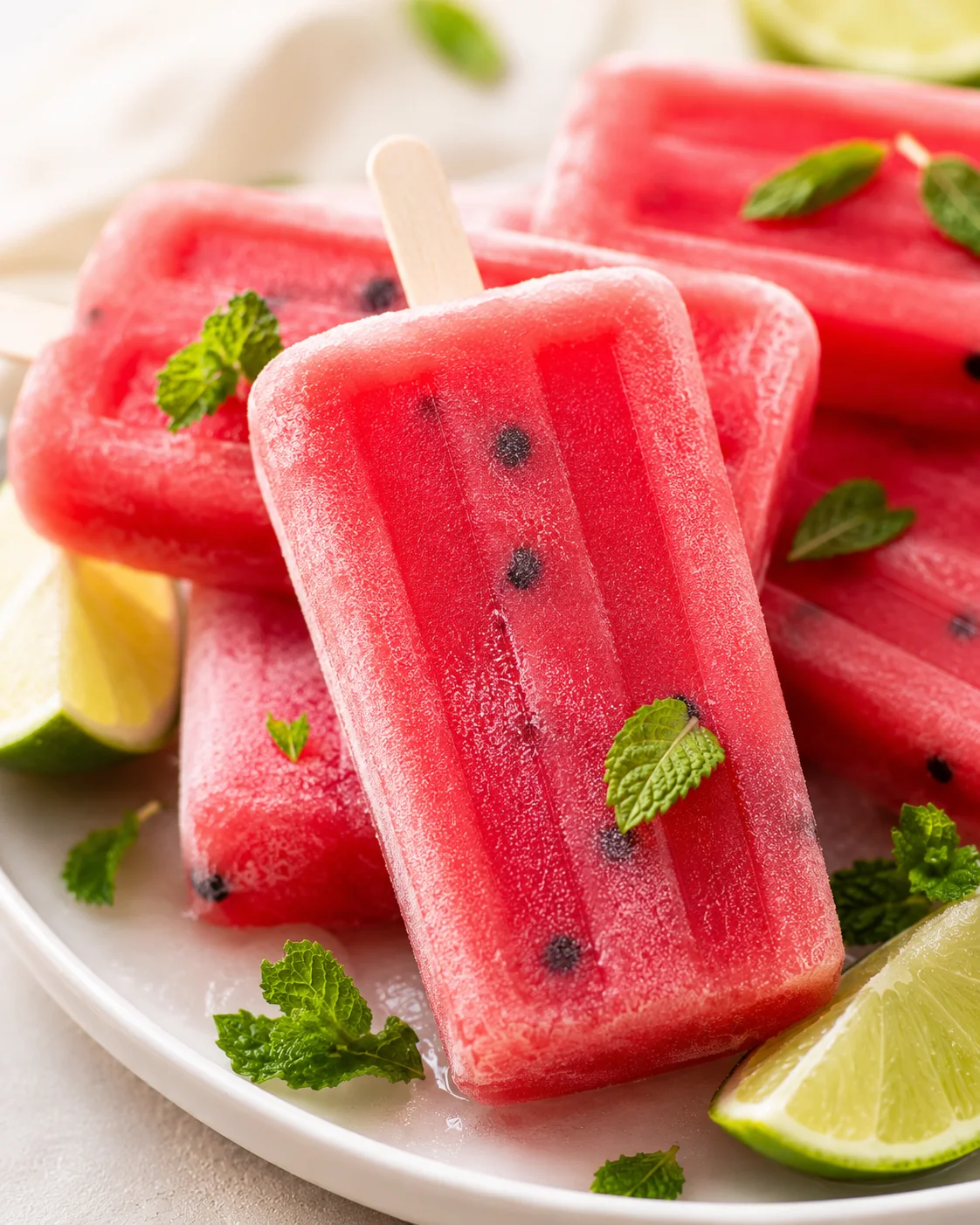 Refreshing Watermelon Popsicles Delicious homemade watermelon popsicles with mint and lime garnished with mint leaves.