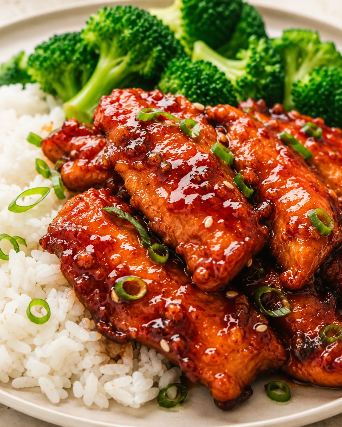 Close-up of glazed chicken with broccoli and rice on a plate