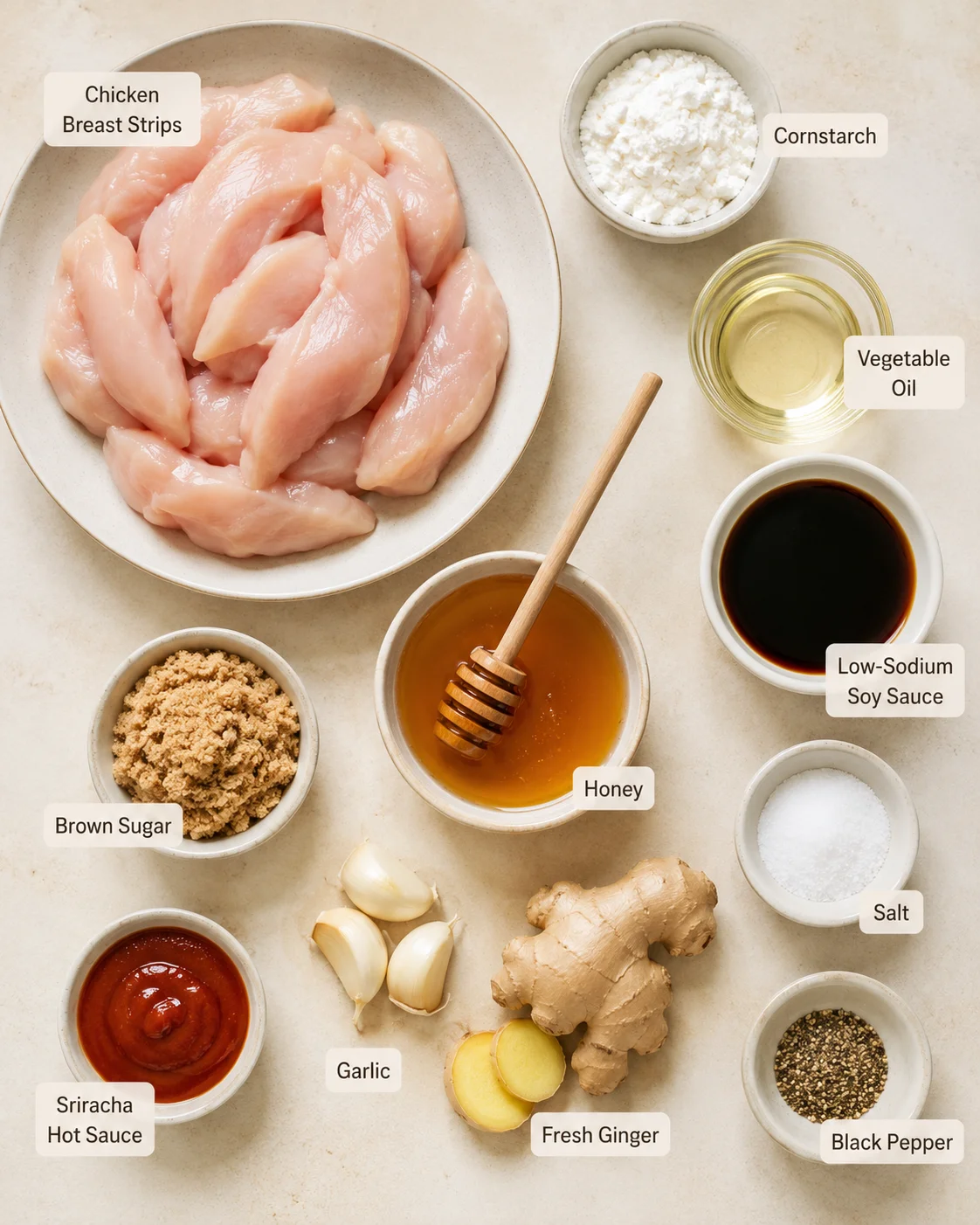 Raw chicken breast strips with ingredients for sticky sauce on a light background.
