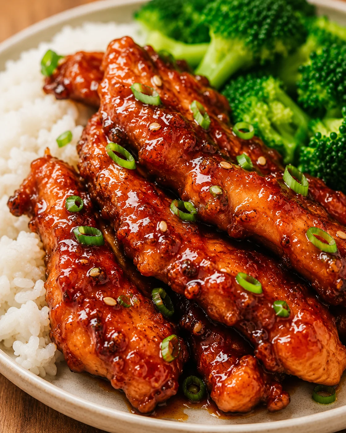 Delicious sticky chicken glazed with honey, soy sauce, and sriracha, garnished with green onions.