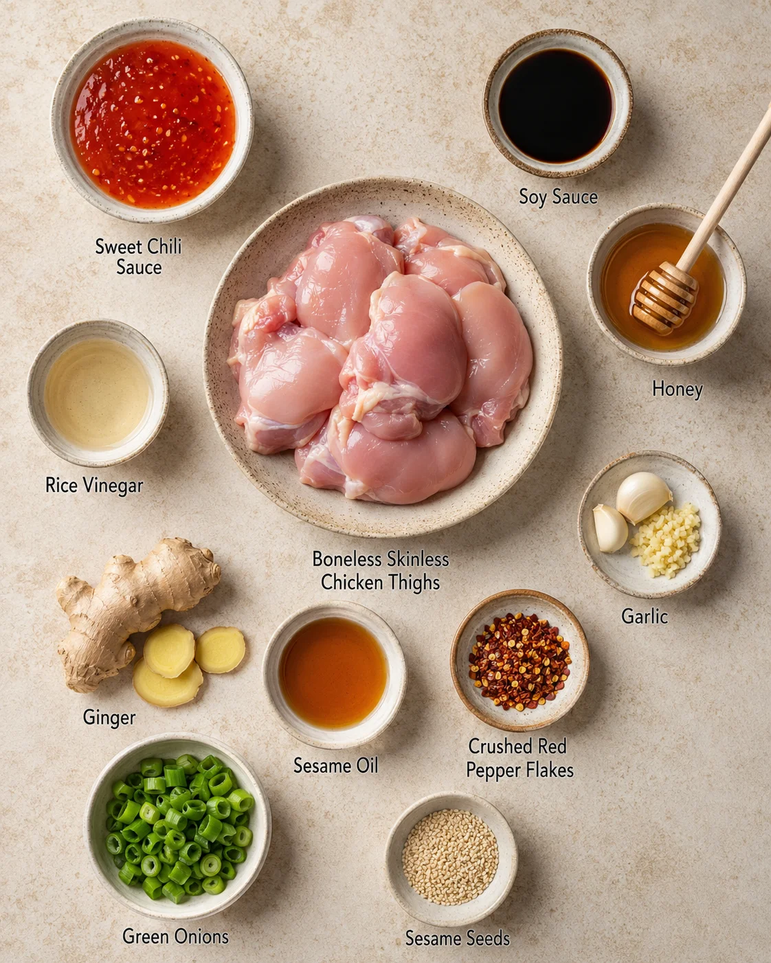 An assortment of ingredients for making sticky sweet chili chicken on a light-colored surface.