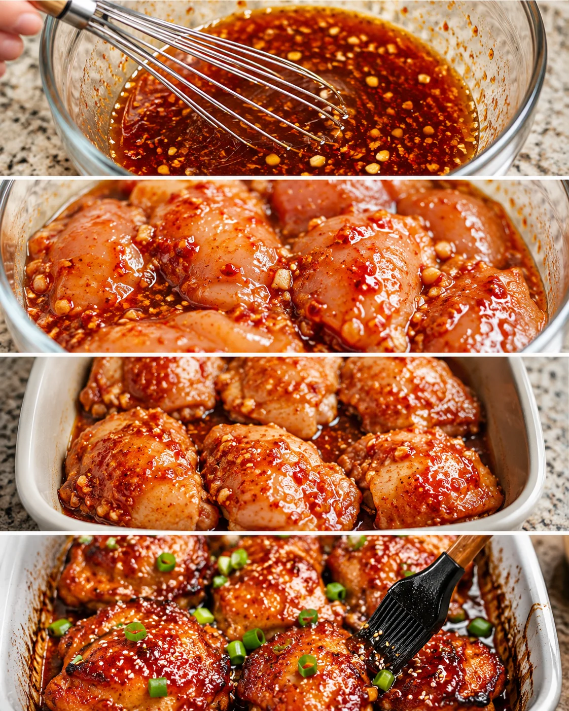 Close-up of glazed chicken thighs with sticky chili sauce and garnished with green onions