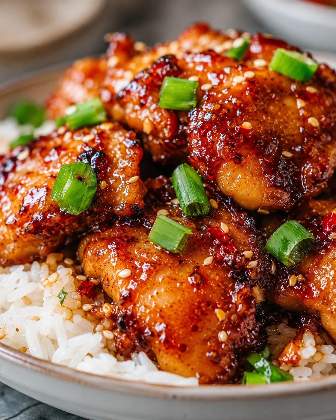 Juicy chicken thighs glazed with sticky sweet chili sauce and garnished with green onions.