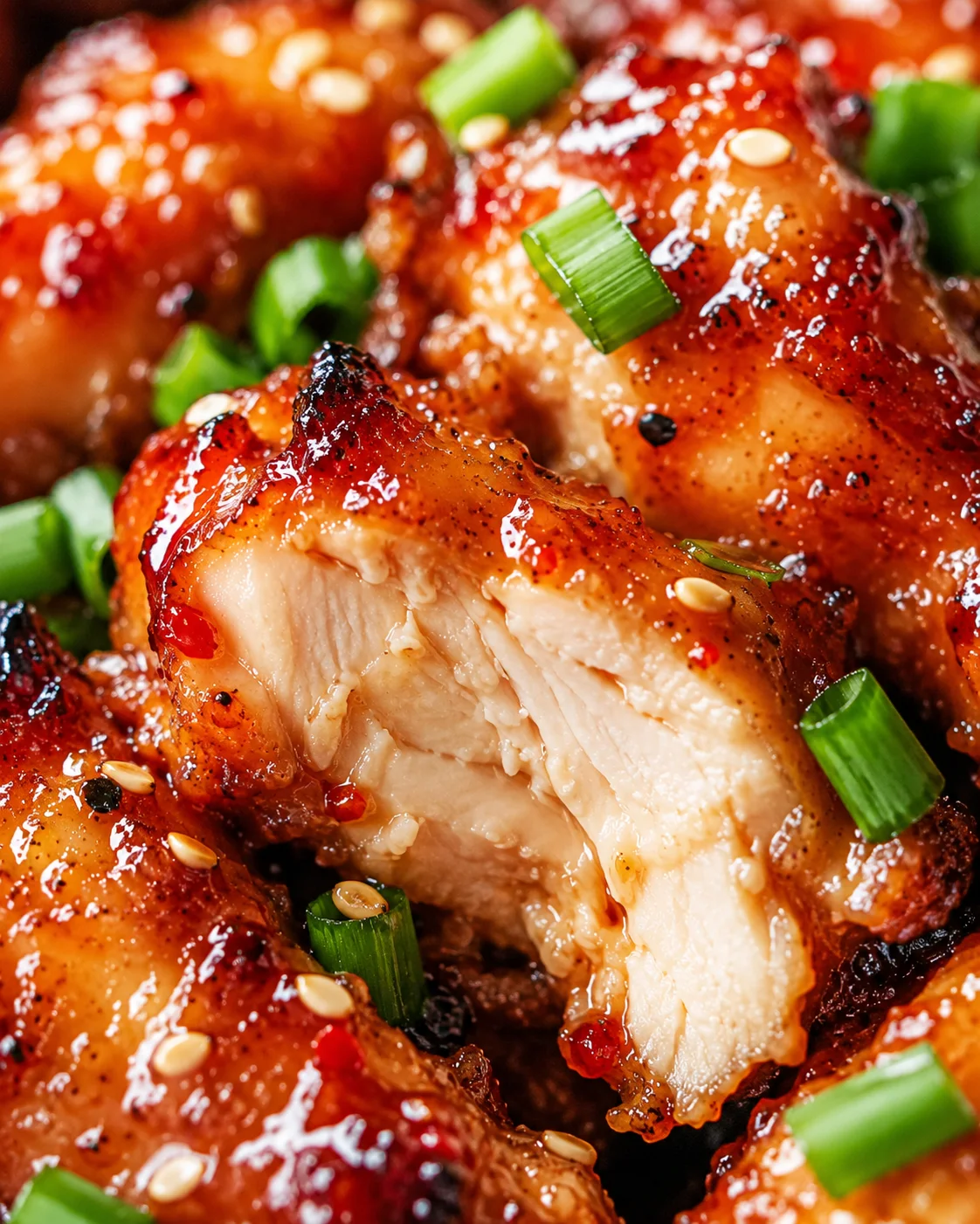 Juicy chicken thighs glazed with sticky sweet chili sauce and topped with green onions.