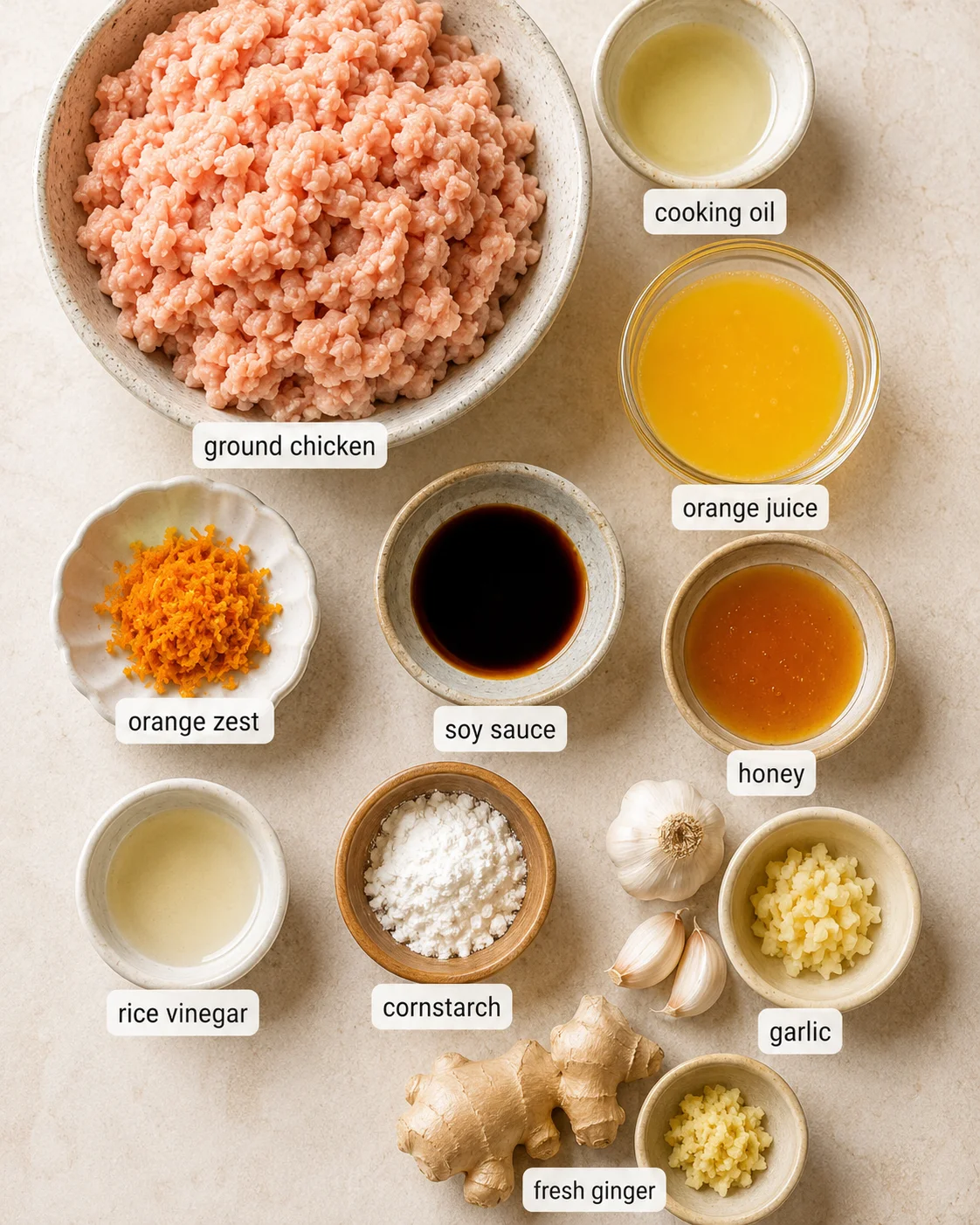 Preparation ingredients for orange ground chicken including ground chicken, orange zest, and garlic.