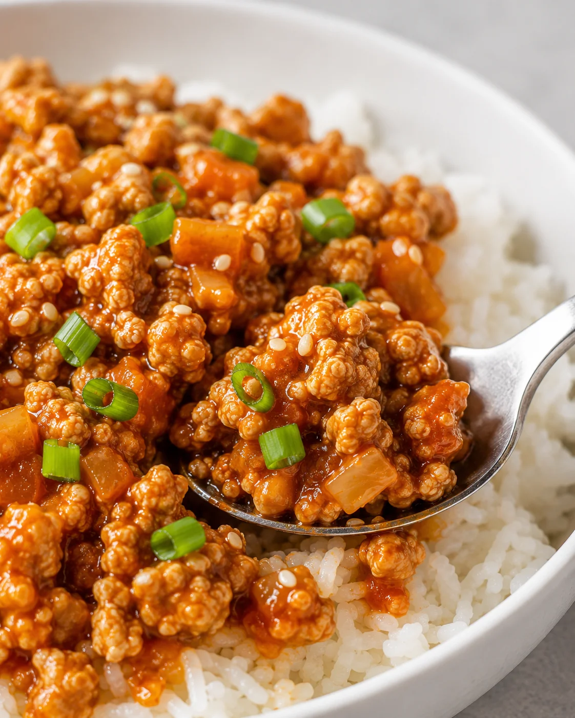 Close-up of ground chicken cooked with orange sauce and garnished with green onions