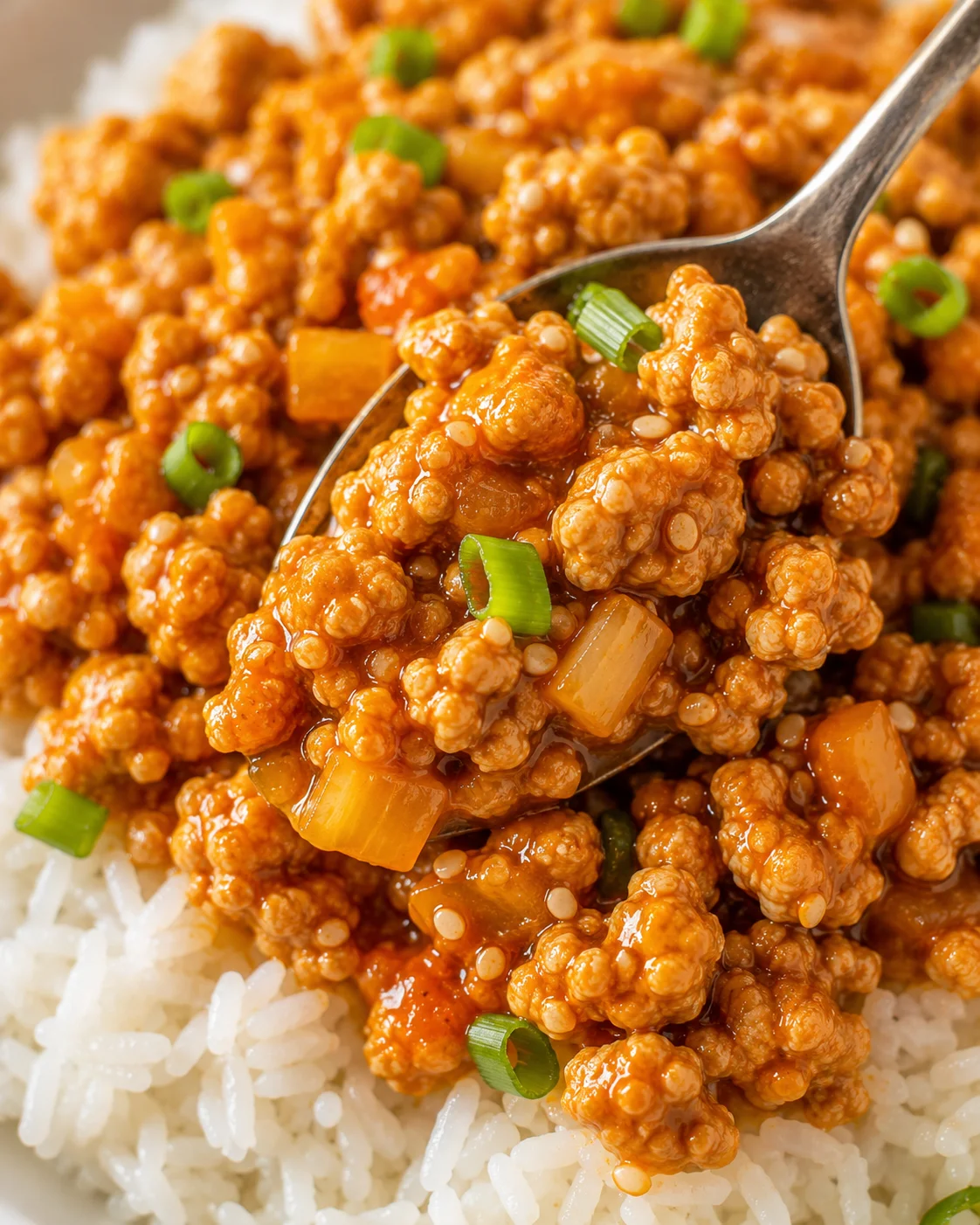 Close-up of a spoonful of glazed orange chicken with rice and green onions.