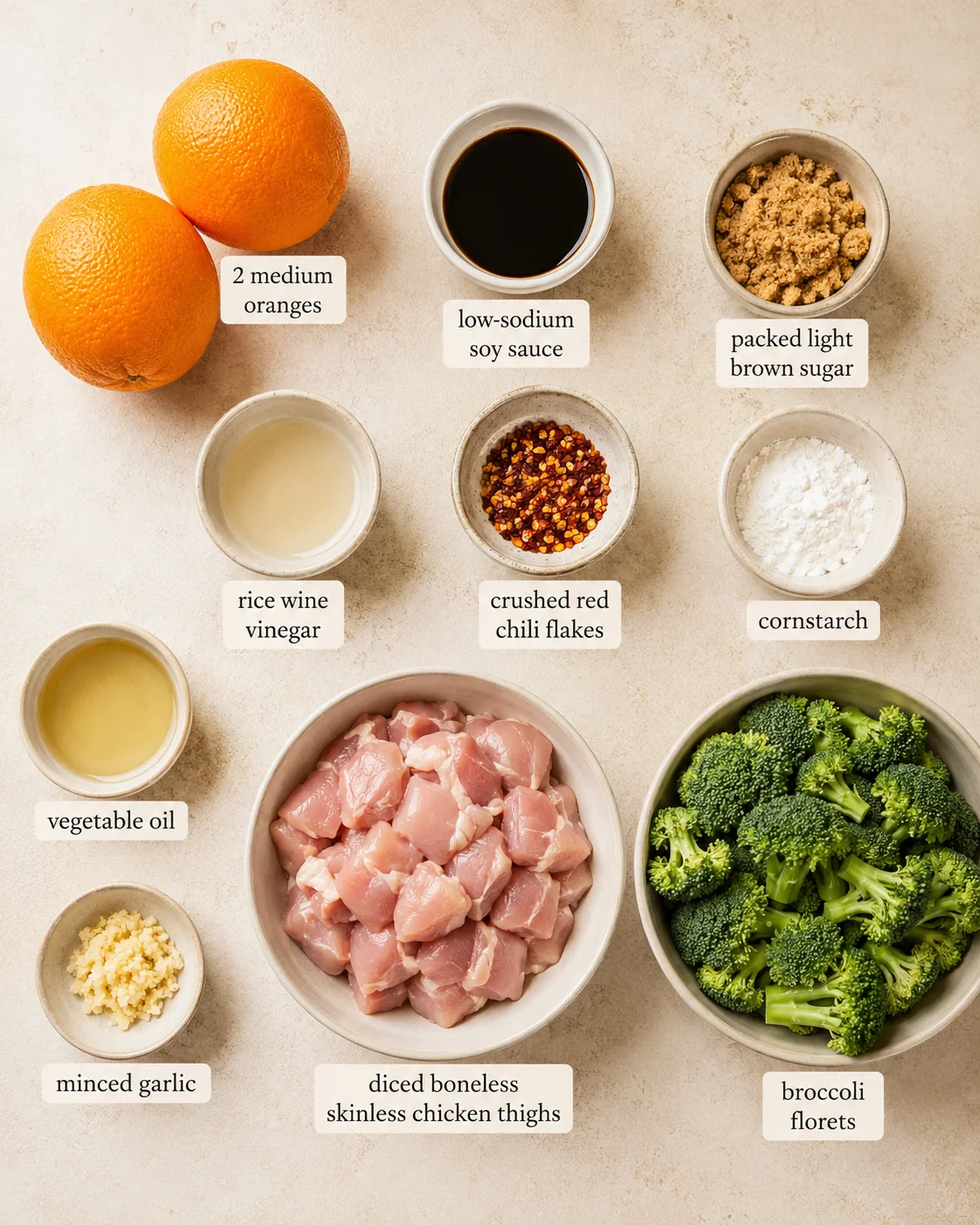 Ingredients for quick orange chicken and broccoli recipe on a beige surface