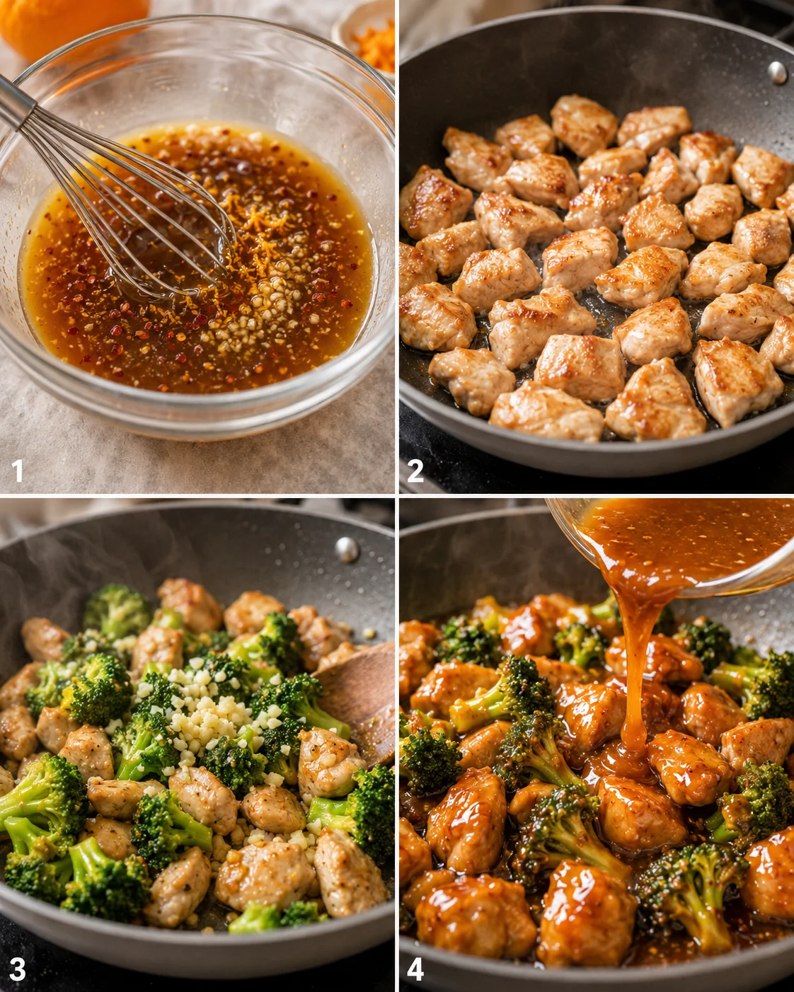 Steps for making orange chicken and broccoli stir-fry in a skillet.