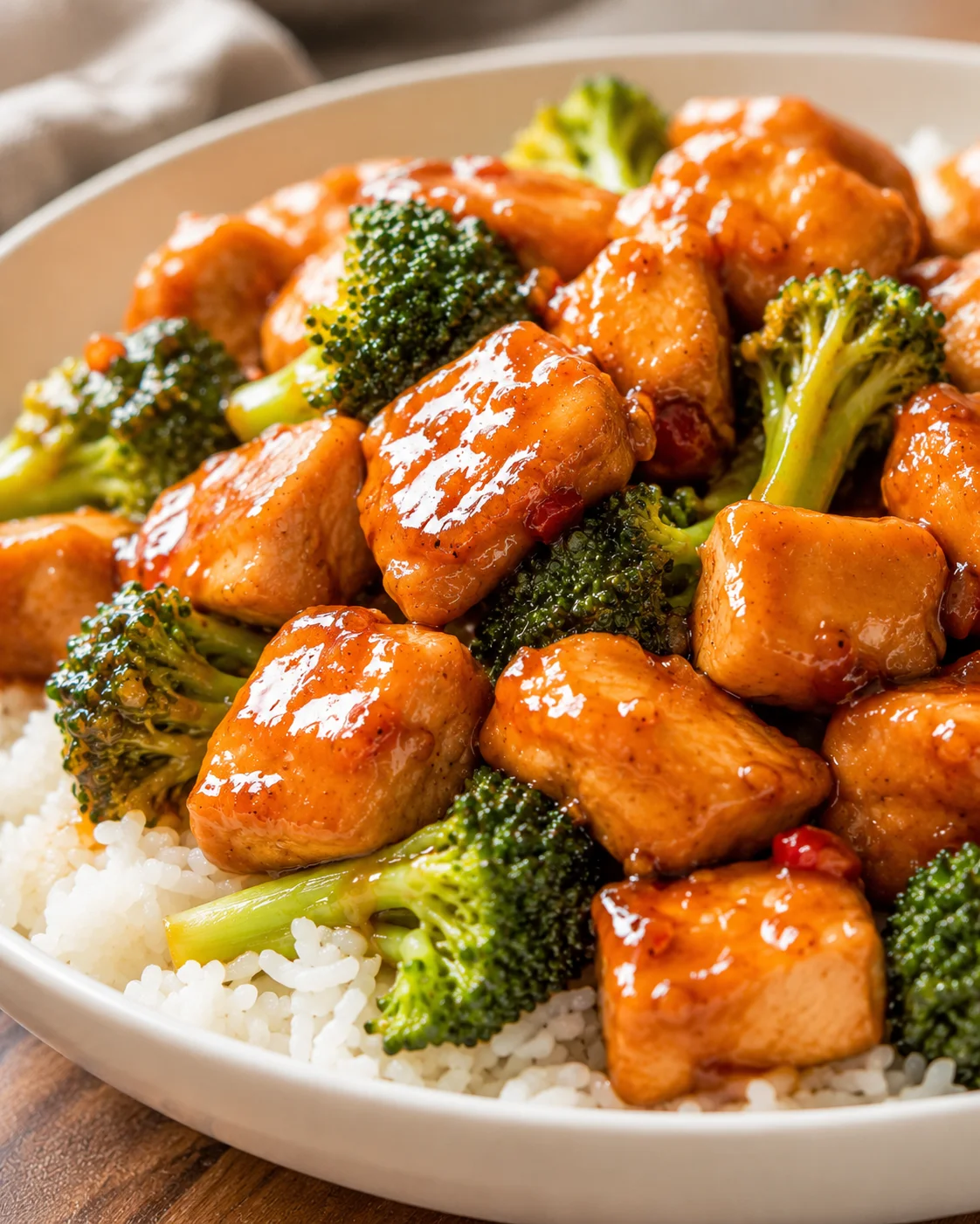 Delicious orange chicken with broccoli served over rice in a white bowl.
