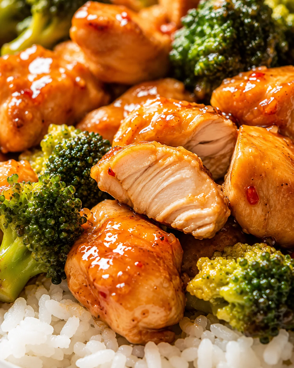 Delicious orange chicken with broccoli served over rice, coated in bright orange sauce