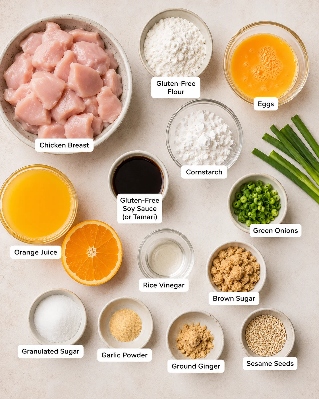 Ingredients for gluten-free orange chicken including chicken breast, orange juice, and gluten-free flour.