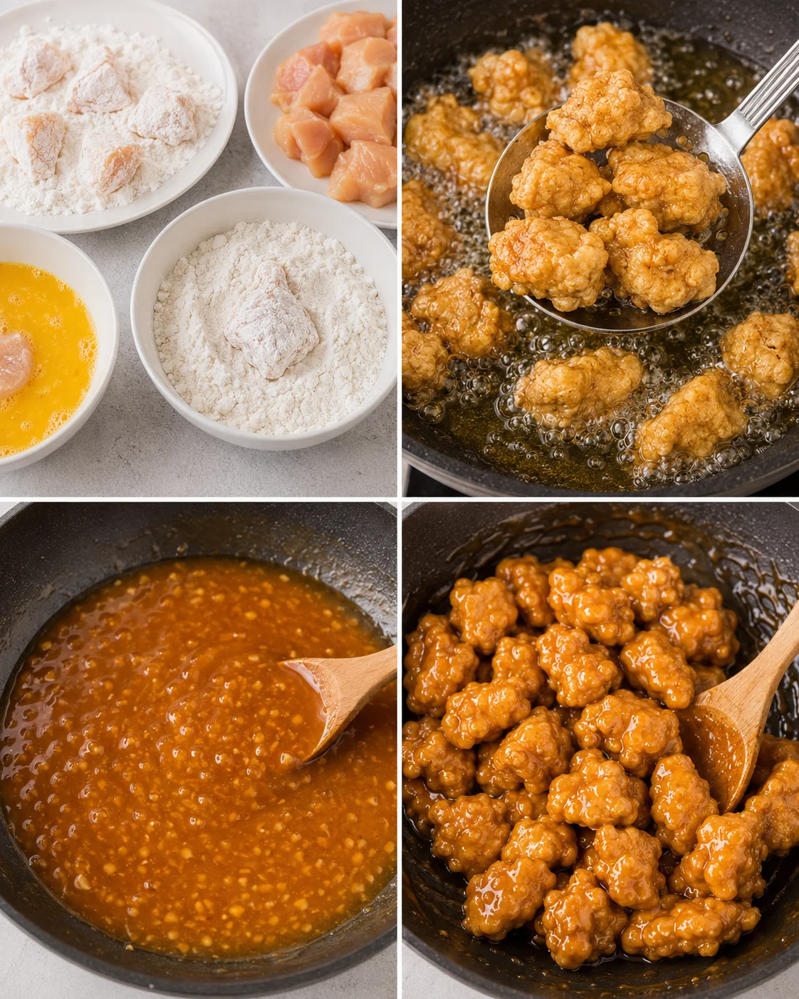Step-by-step images of making crispy gluten-free orange chicken with homemade sauce.