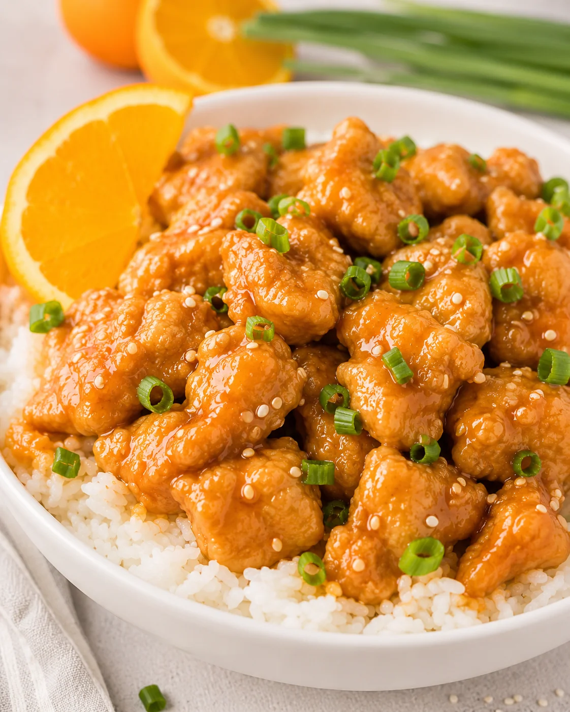 Crispy gluten-free orange chicken served over rice with green onions and orange slices.