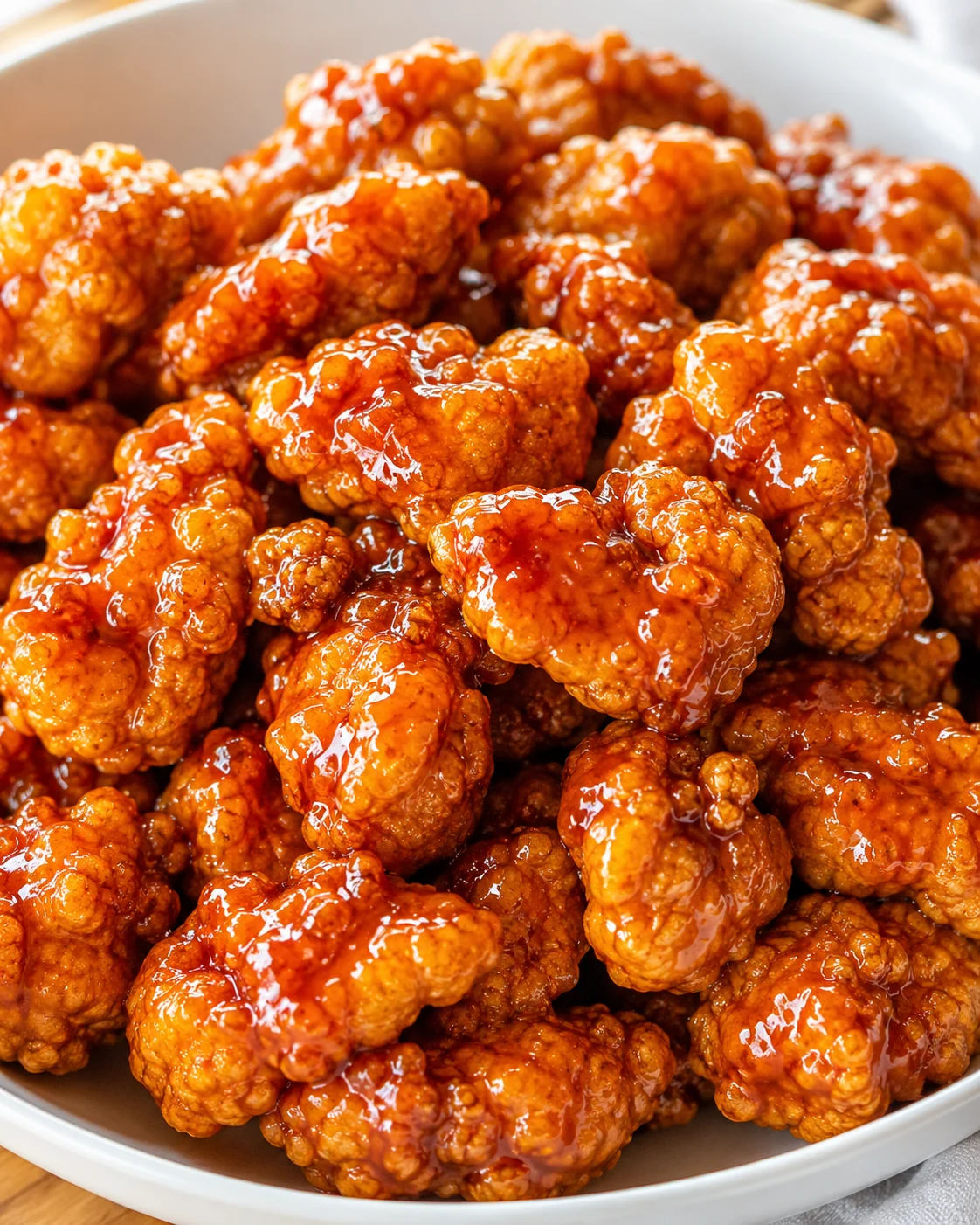 Close-up of crispy orange chicken coated with orange marmalade BBQ sauce on a white plate.
