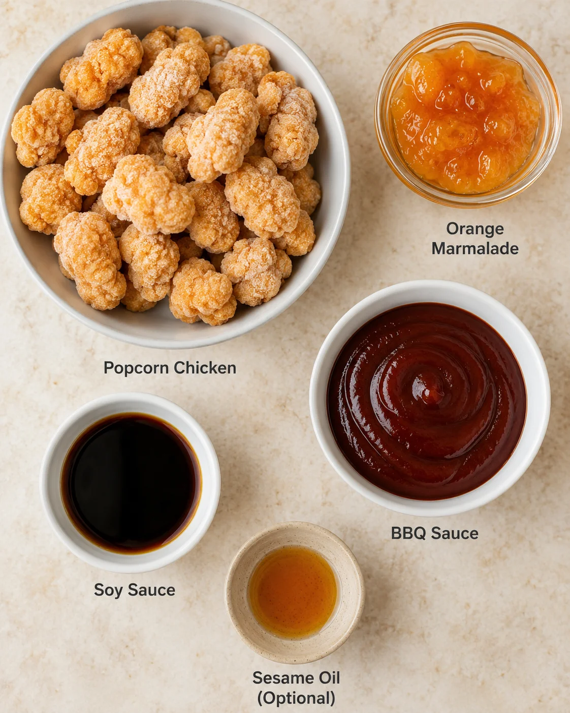 Bowls of popcorn chicken with orange marmalade, BBQ sauce, and soy sauce in the foreground.