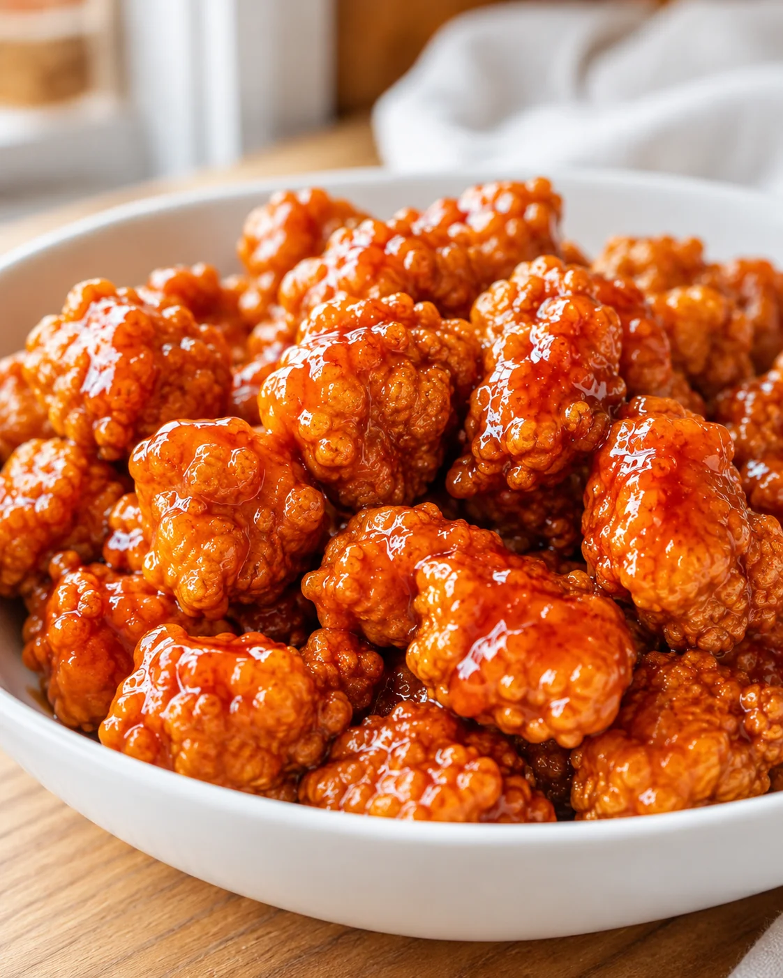 Crispy orange chicken coated in glossy orange marmalade BBQ sauce in a white bowl