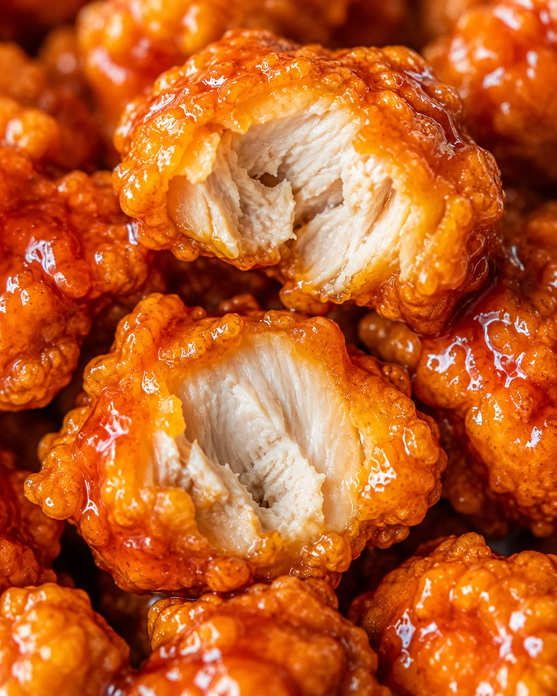 Crispy orange chicken bites coated with a glossy orange marmalade sauce.