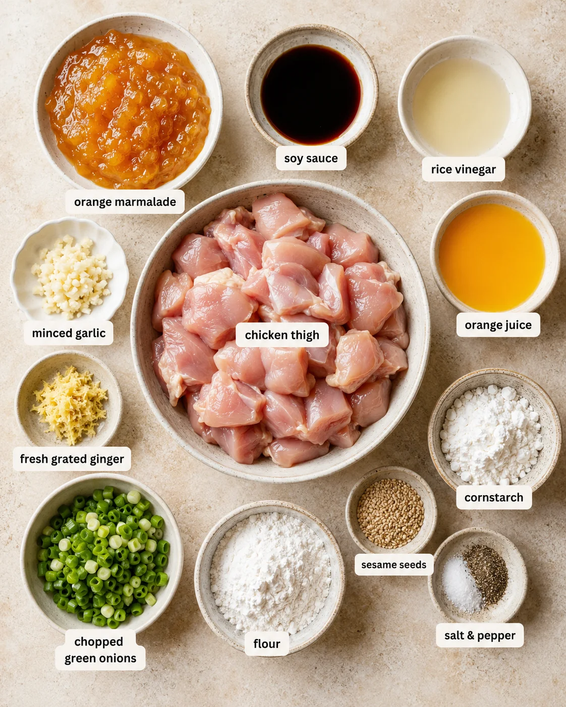 Ingredients for orange chicken with orange marmalade arranged on a surface.